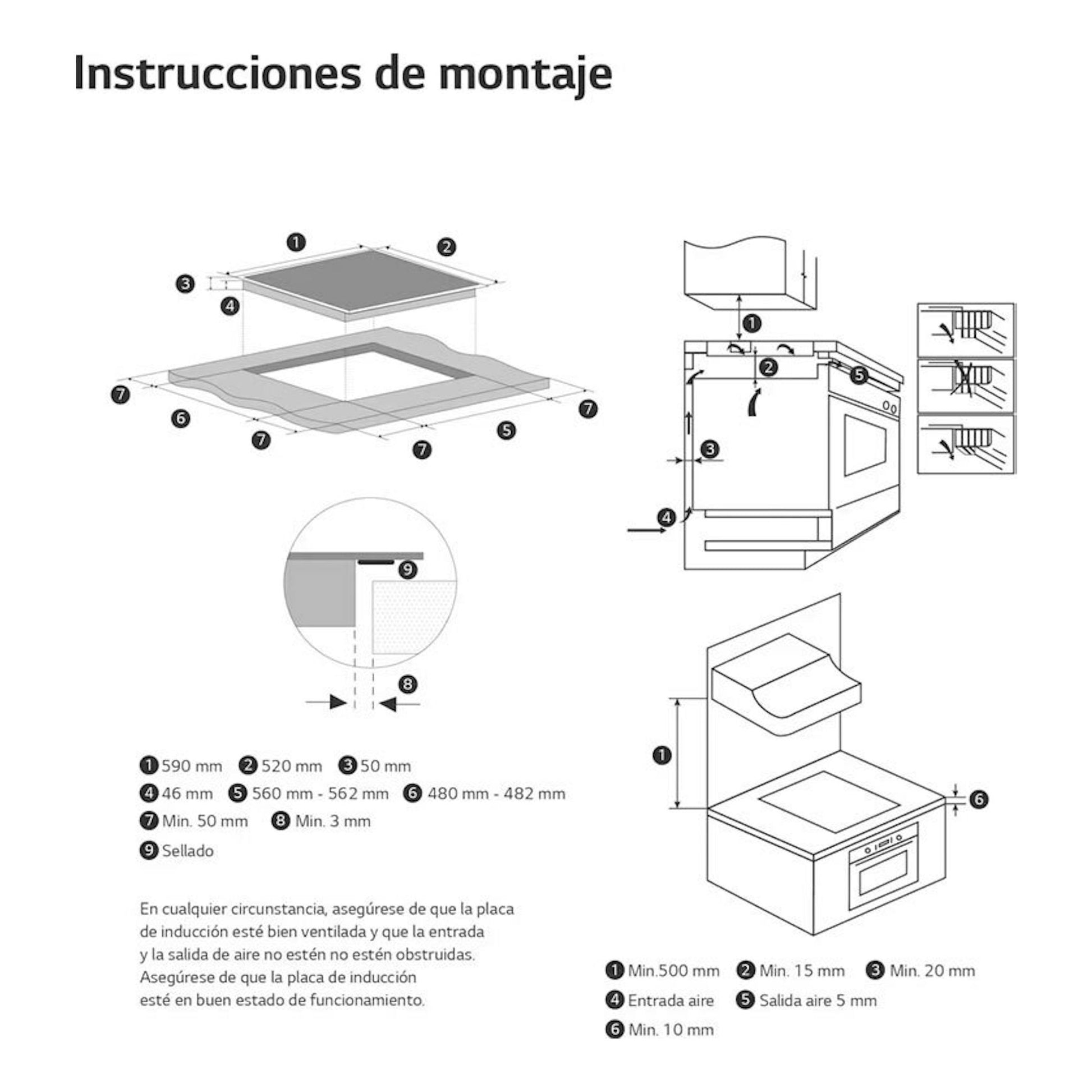 Instrucciones de montaje de placa de inducción LG CI5Z2421BN, con esquemas de encastre y medidas.