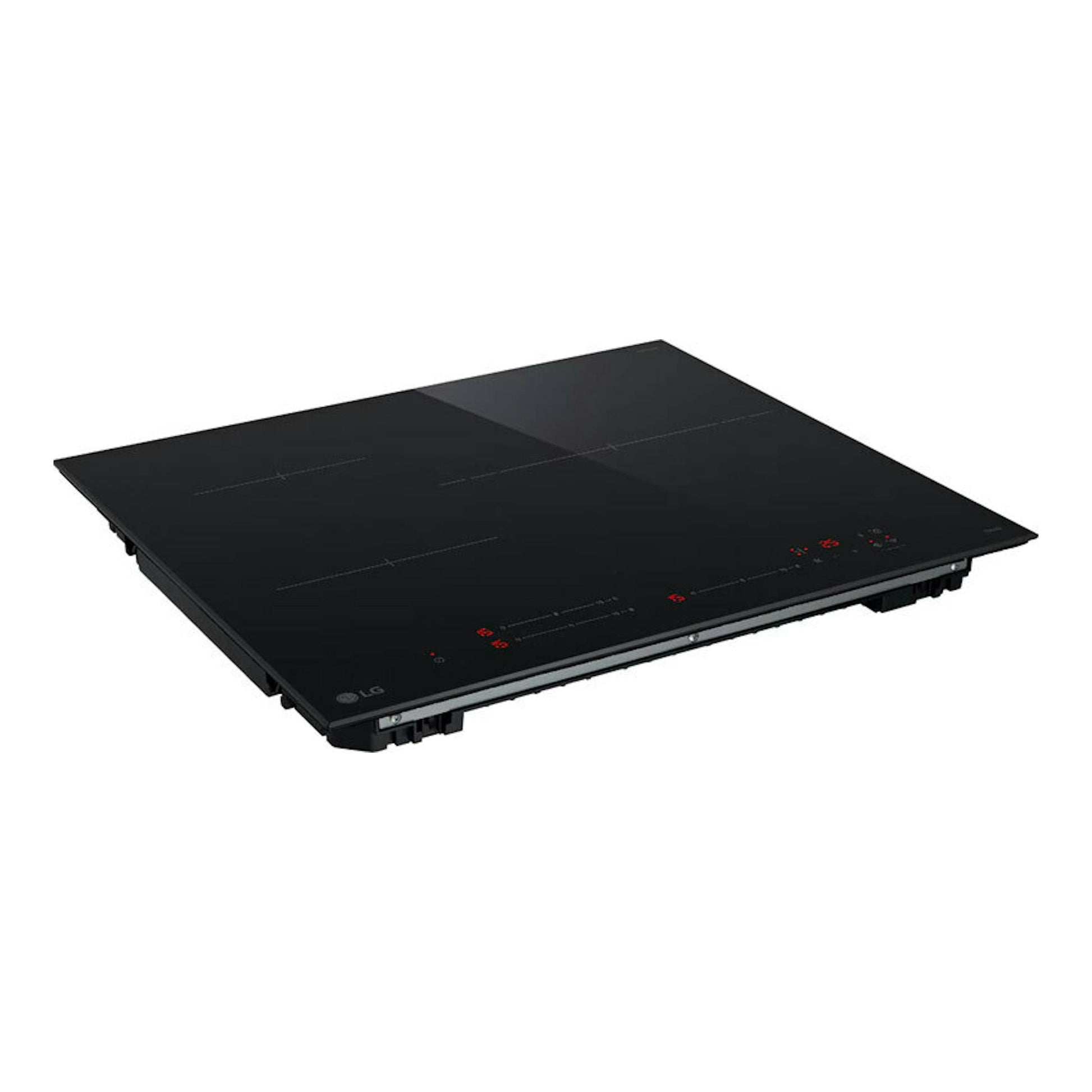 Placa de inducción LG CI5Z2421BN negra, vista en ángulo, con panel táctil y cuatro zonas de cocción.
