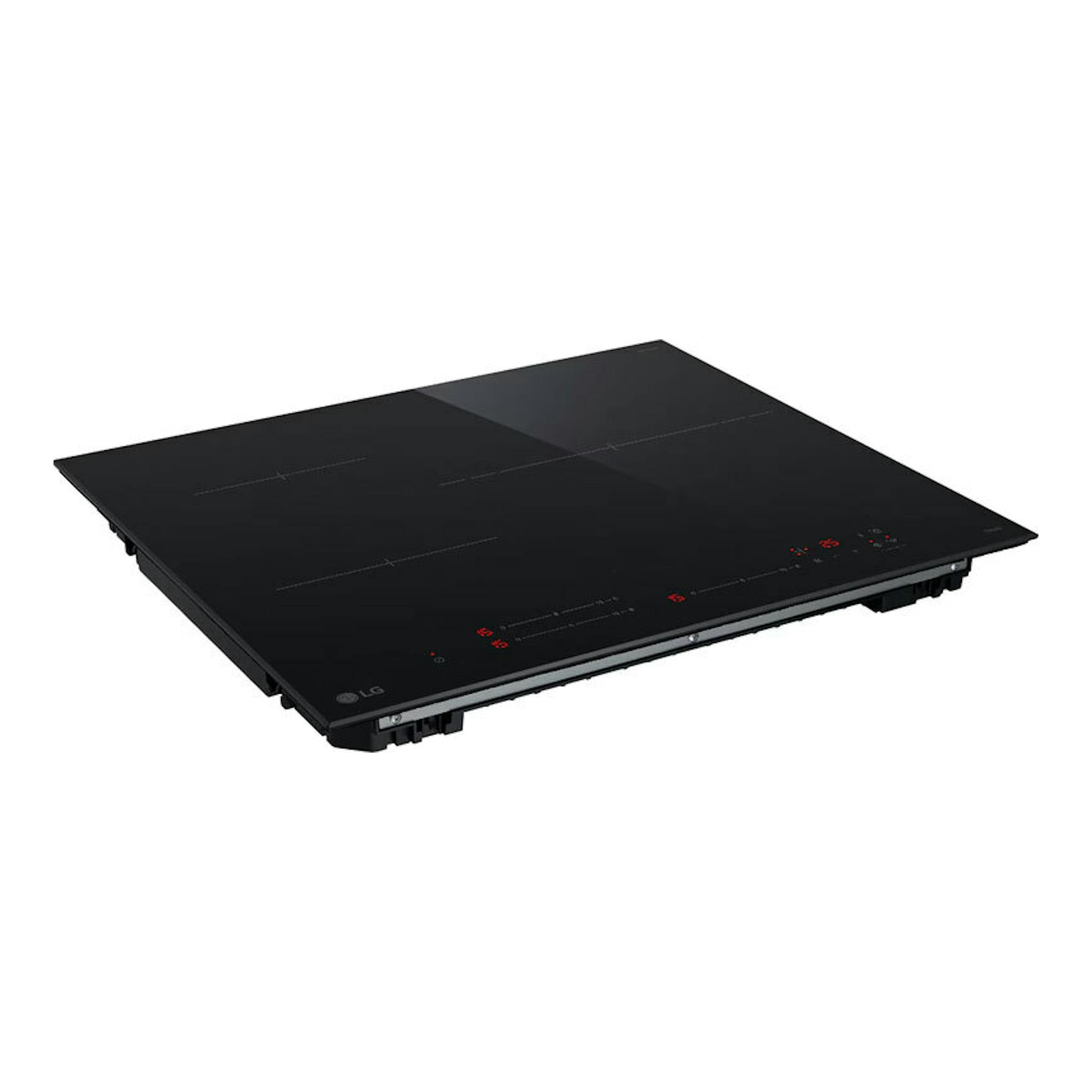Placa de inducción LG CI5Z2421BN negra, vista en ángulo, con panel táctil y cuatro zonas de cocción.