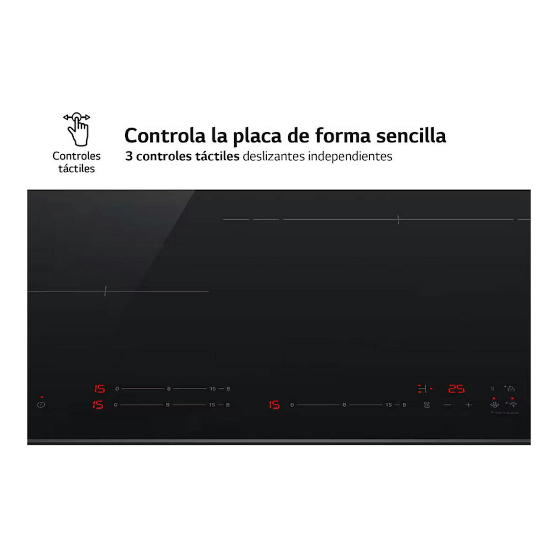 Placa de inducción LG CI5Z2421BN negra de 60 cm, vista frontal, con controles táctiles y display rojo.