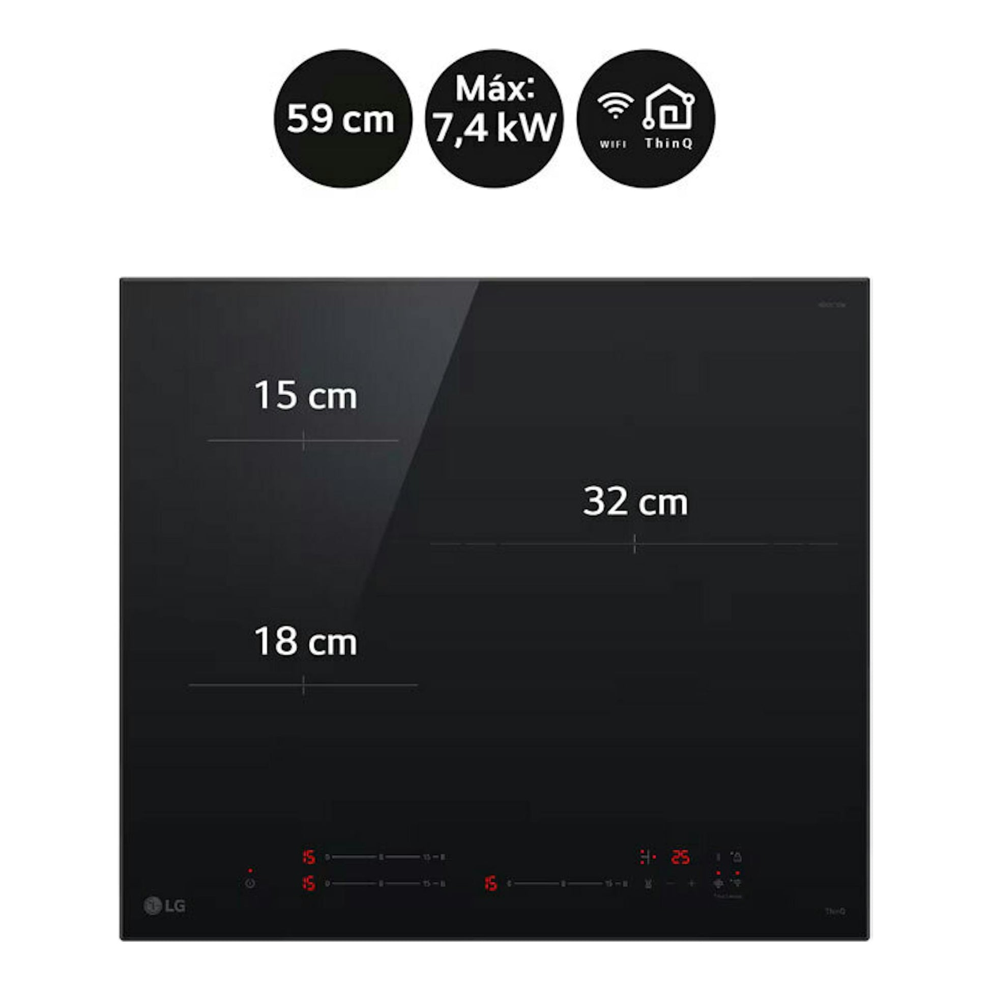 Placa de inducción LG CI5Z2421BN negra, vista frontal, con controles táctiles e iconos Wi‑Fi ThinQ.