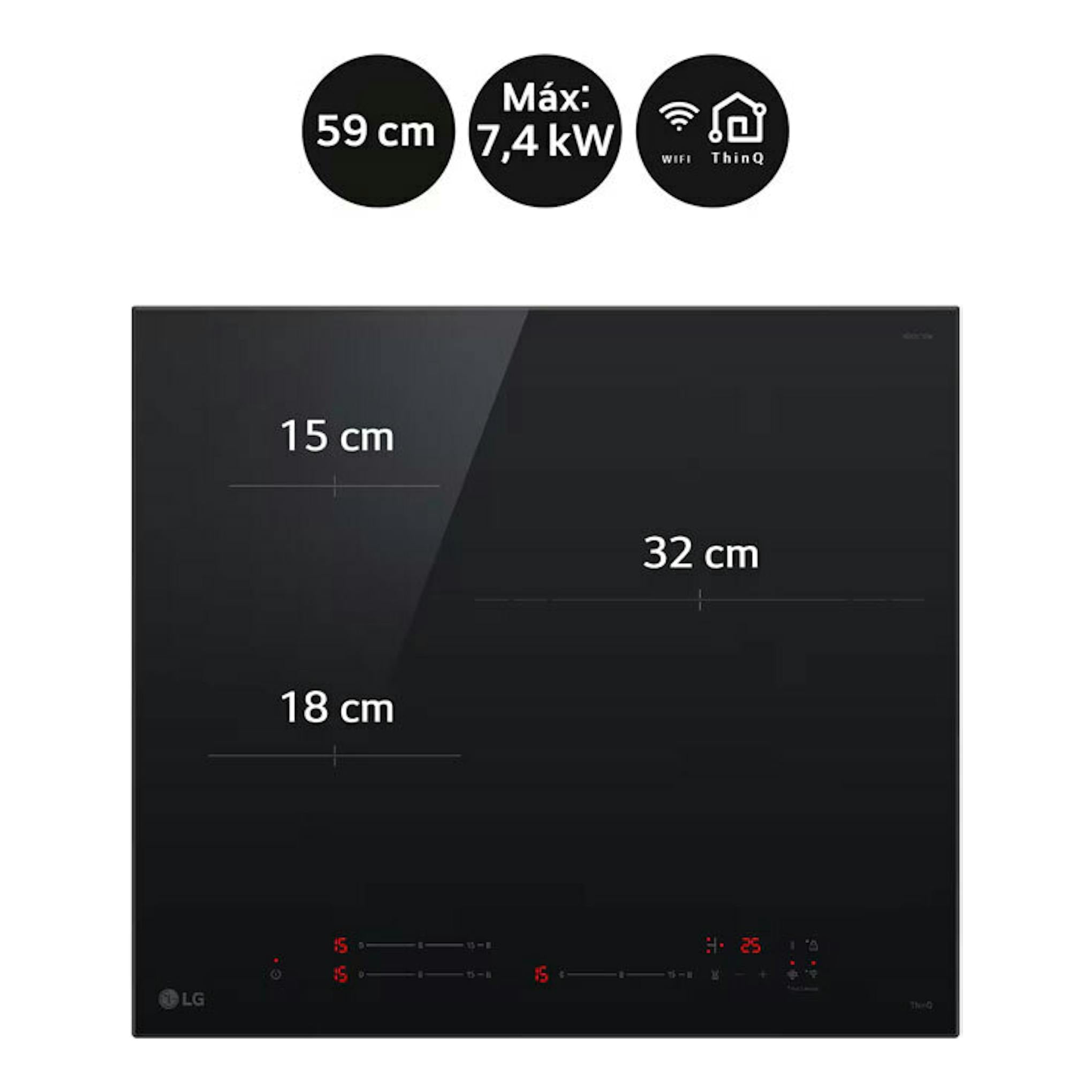 Placa de inducción LG CI5Z2421BN negra, vista frontal, con controles táctiles e iconos Wi‑Fi ThinQ.