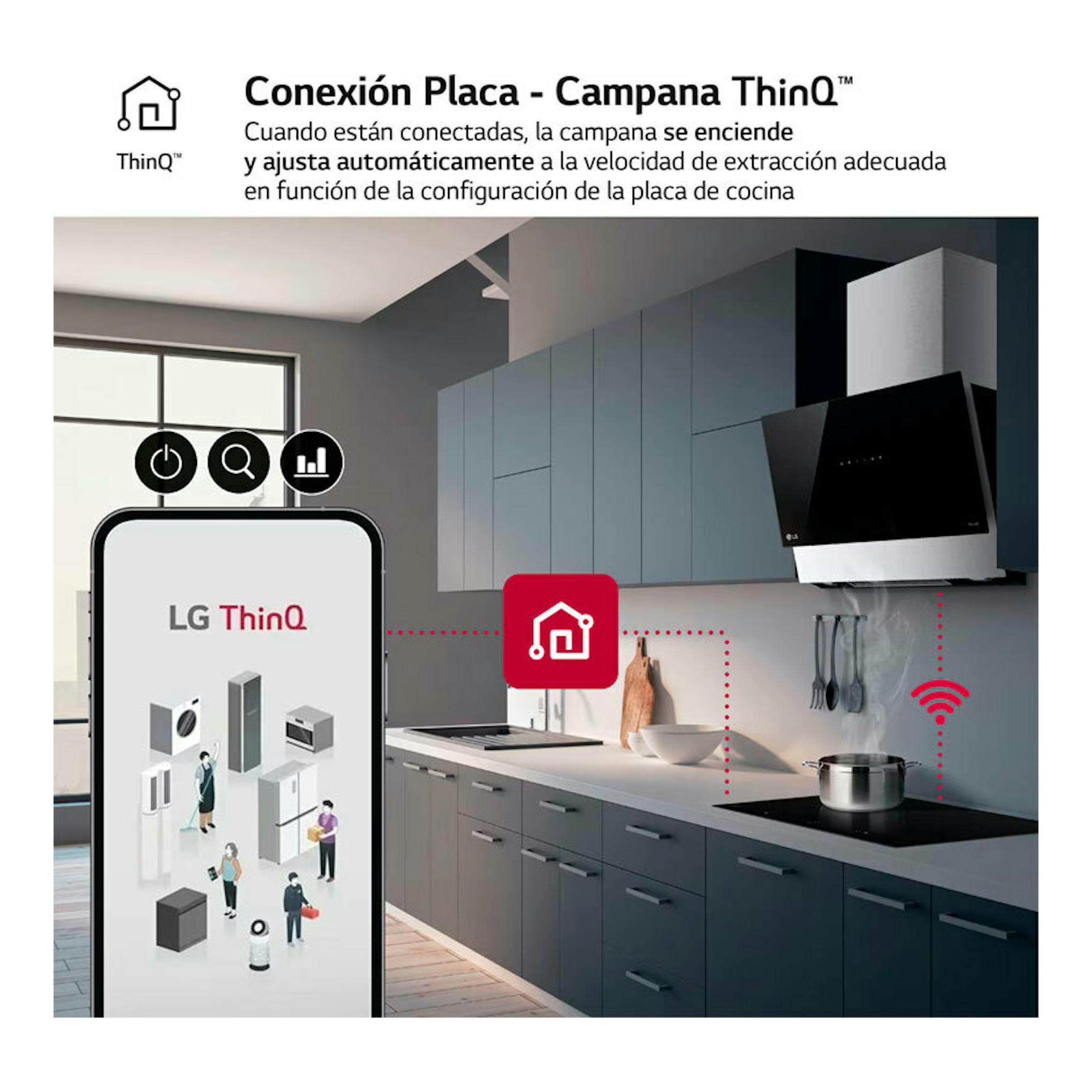 Infografía de cocina moderna con placa de inducción LG ThinQ, campana y móvil conectados.