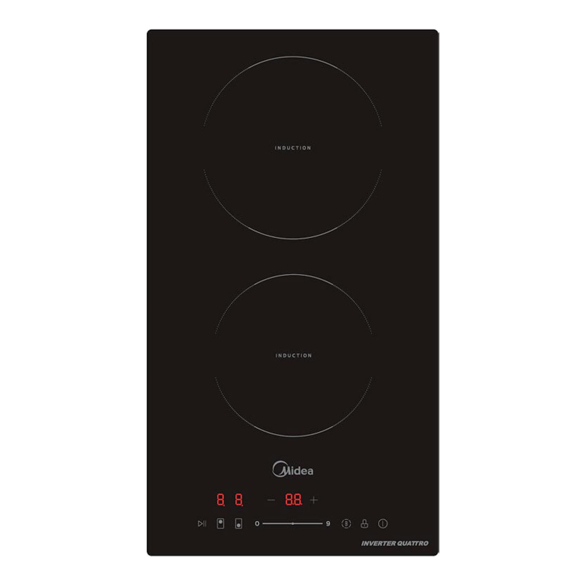 Placa de inducción Midea MIH350D157K0 negra, vista frontal, con dos zonas de cocción y panel táctil.