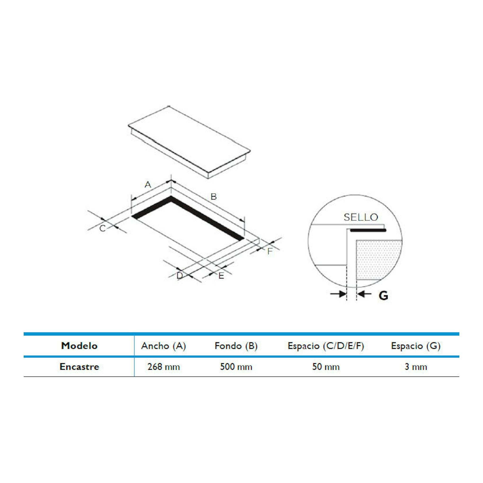 Midea MIH350D157K0: esquema de encastre de placa de inducción 30 cm, vista superior y cotas.