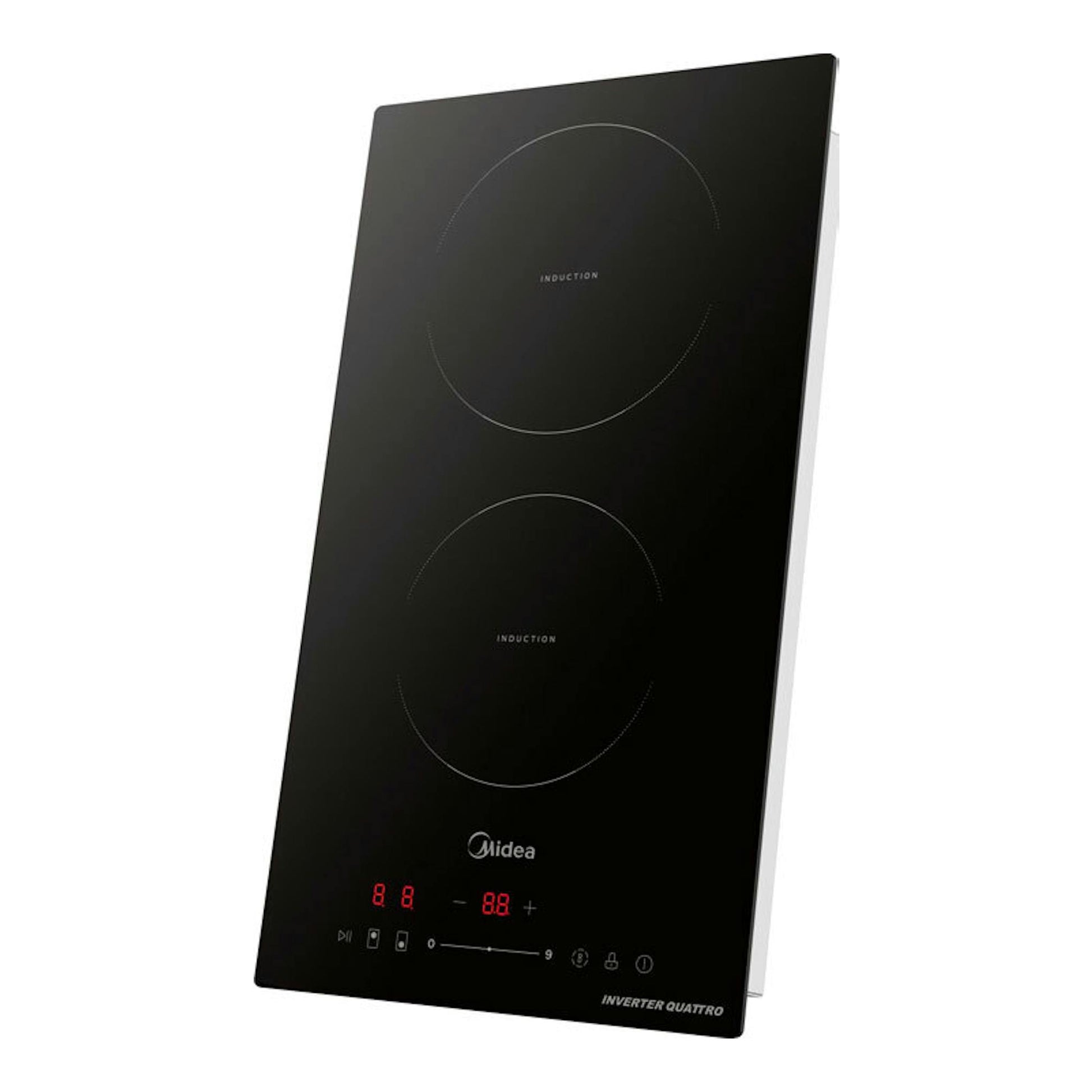 Placa de inducción Midea MIH350D157K0 de 30 cm, negra, vista frontal en ángulo, con dos zonas.