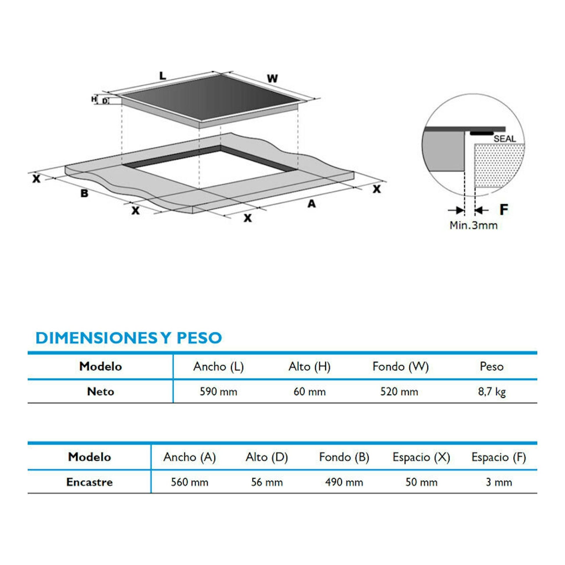 Esquema técnico de placa de inducción Midea MIH740T278K0 con medidas de encastre y peso.