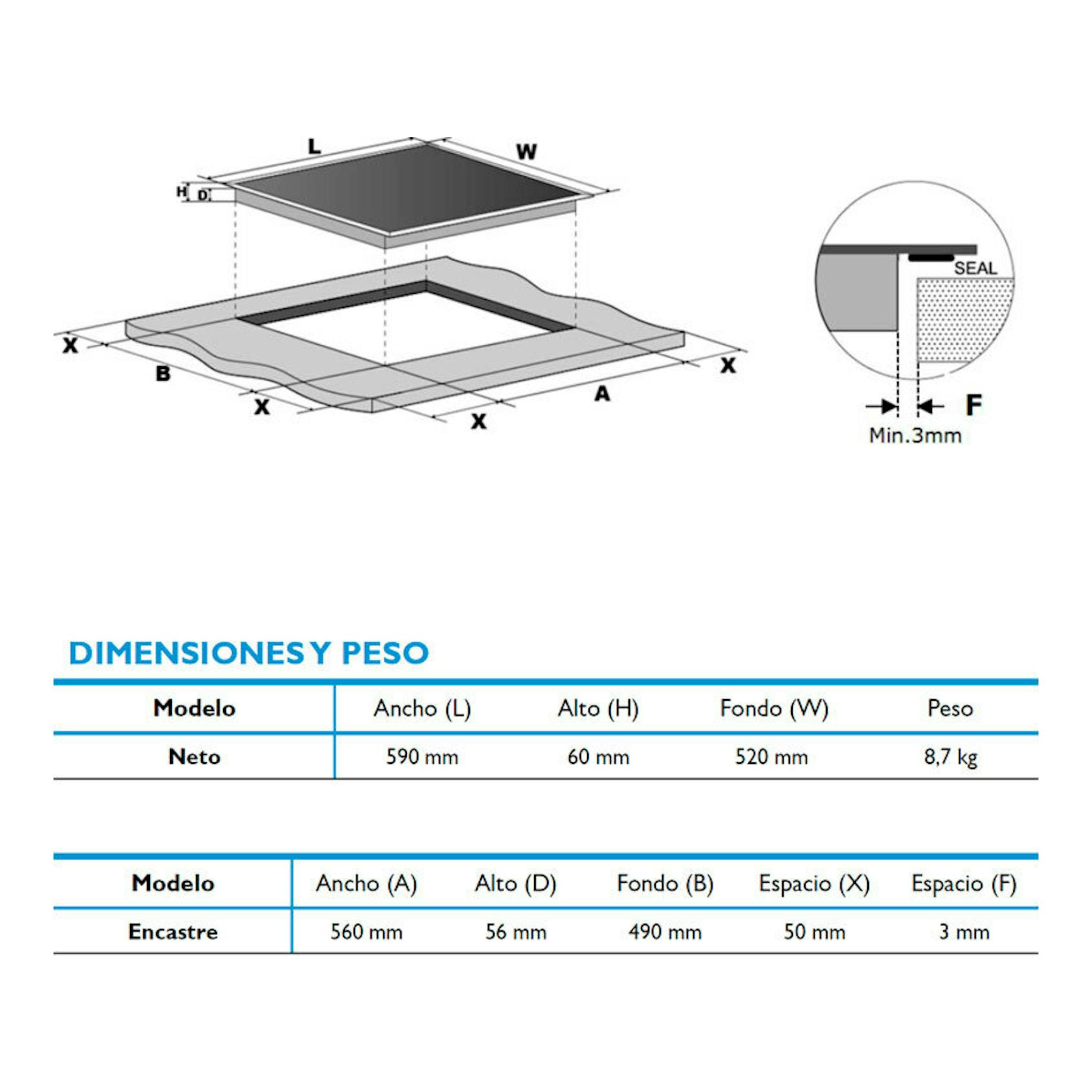 Esquema técnico de placa de inducción Midea MIH740T278K0 con medidas de encastre y peso.