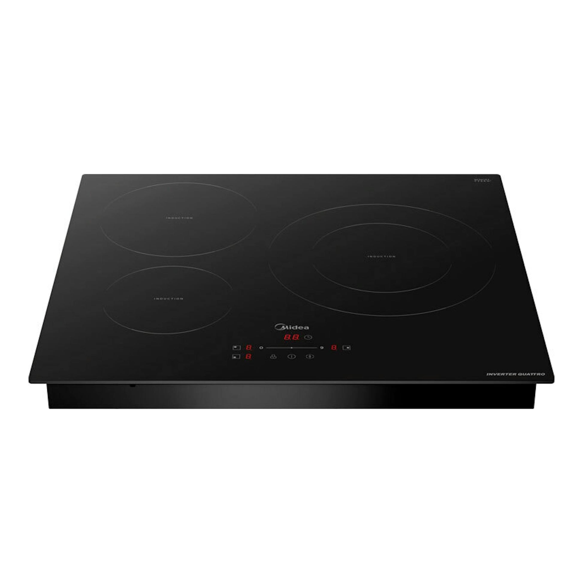 Placa de inducción Midea MIH740T278K0 negra, vista frontal inclinada, con 4 zonas y panel táctil.