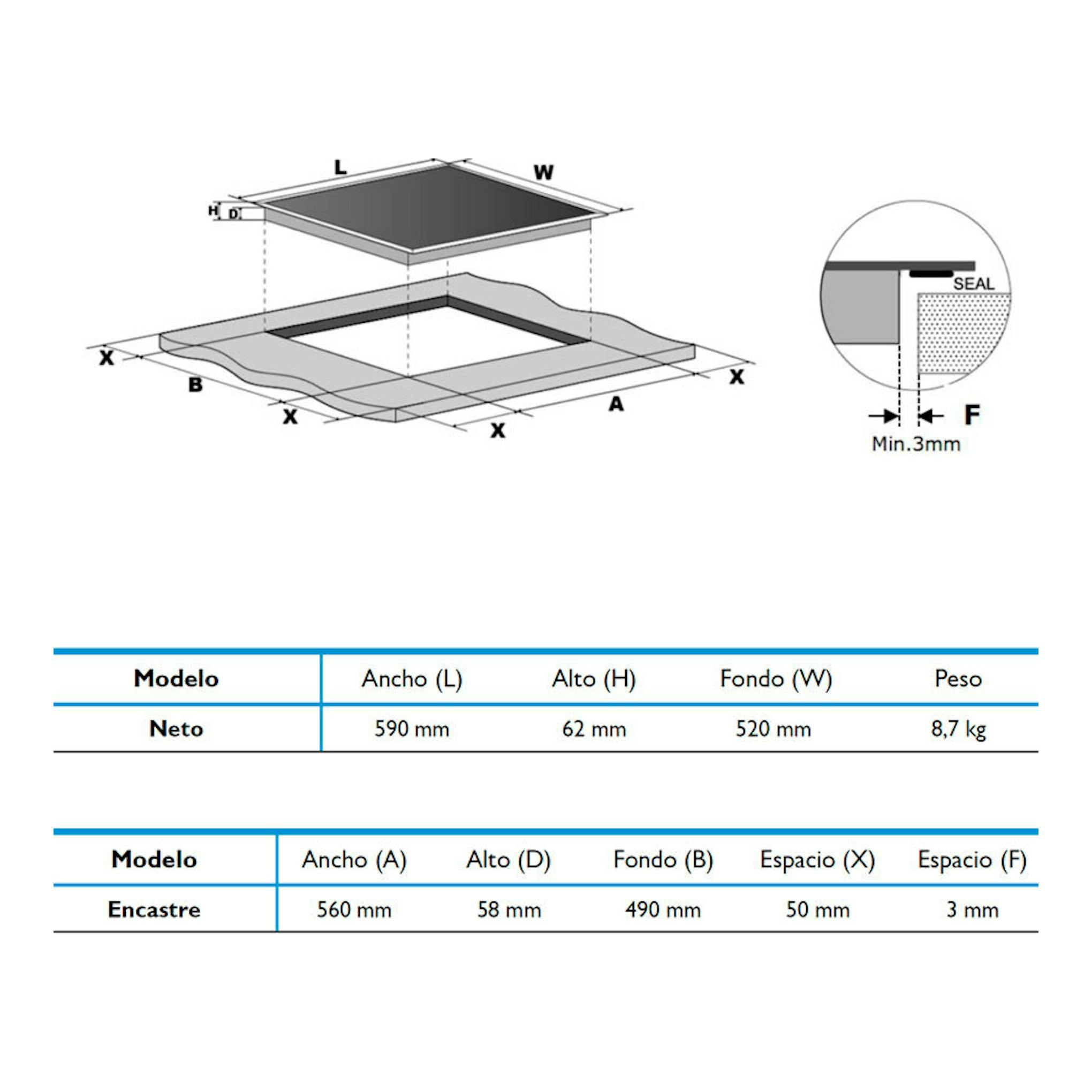 Diagrama en blanco y negro de instalación de placa de inducción Midea MIH740T279K0 con medidas de encastre.
