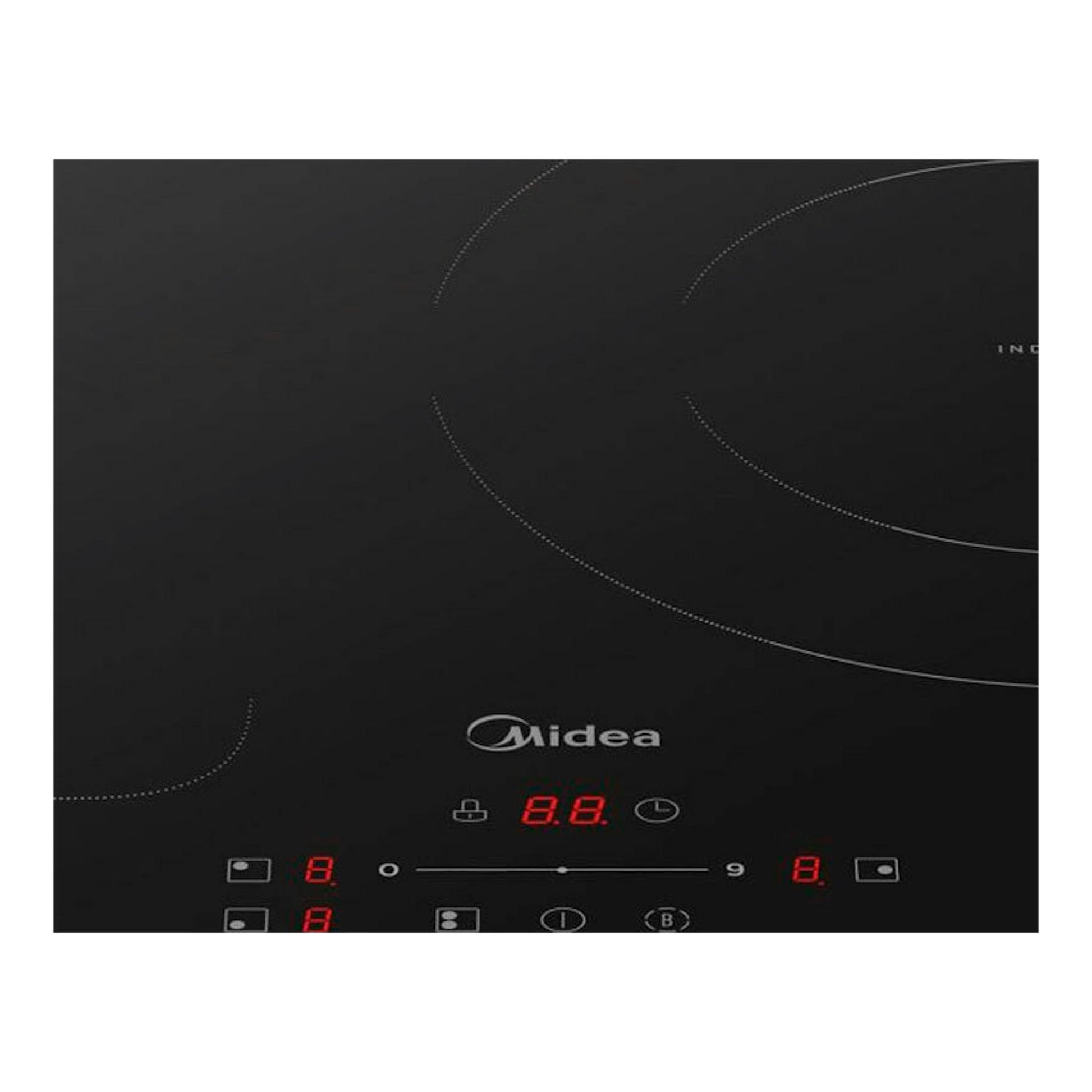 Placa de inducción Midea MIH740T279K0 negra, vista frontal con controles táctiles y display rojo.