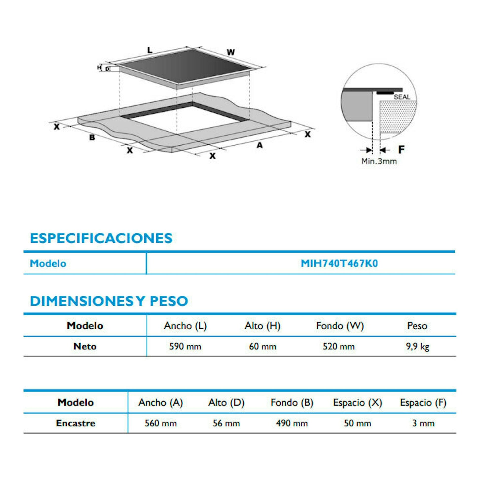 Midea MIH740T467K0: esquema técnico de placa de inducción, vista superior, con medidas de encastre.