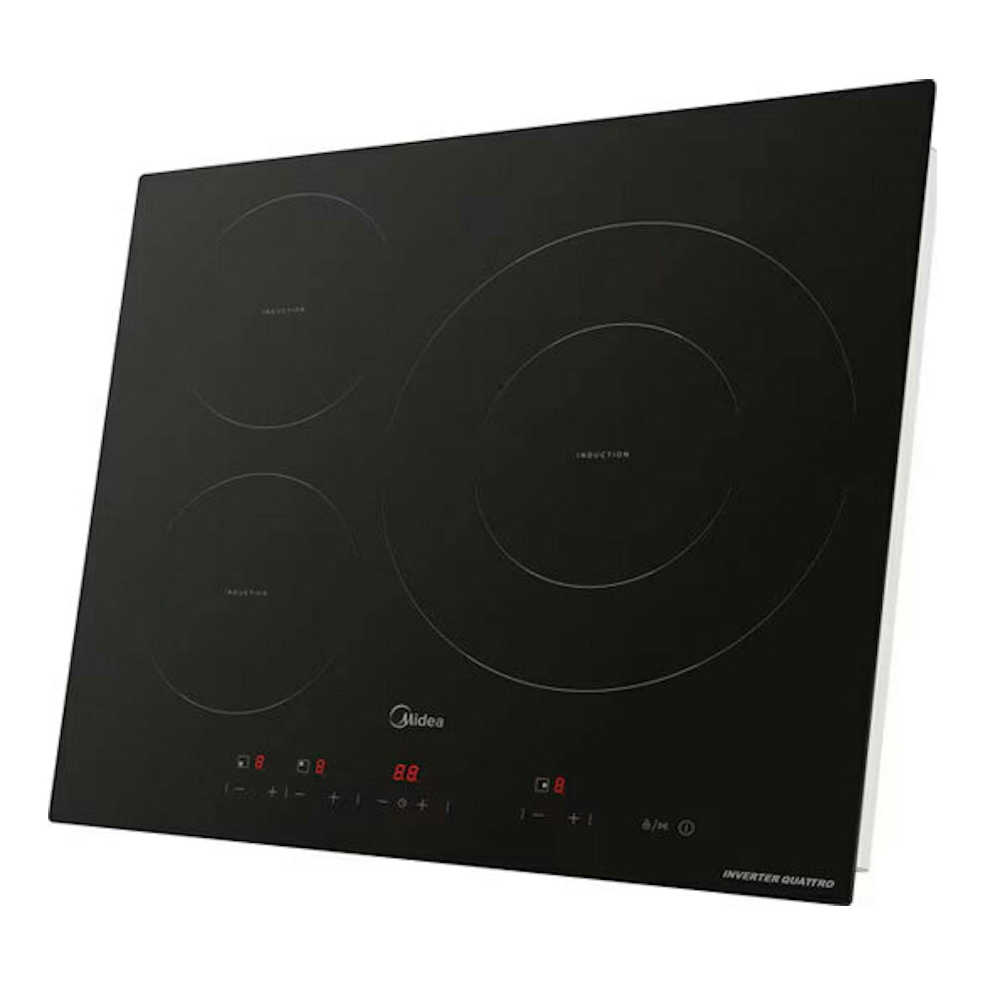 Placa de inducción Midea MIH740T467K0 negra, vista en ángulo, con cuatro zonas de cocción táctiles.