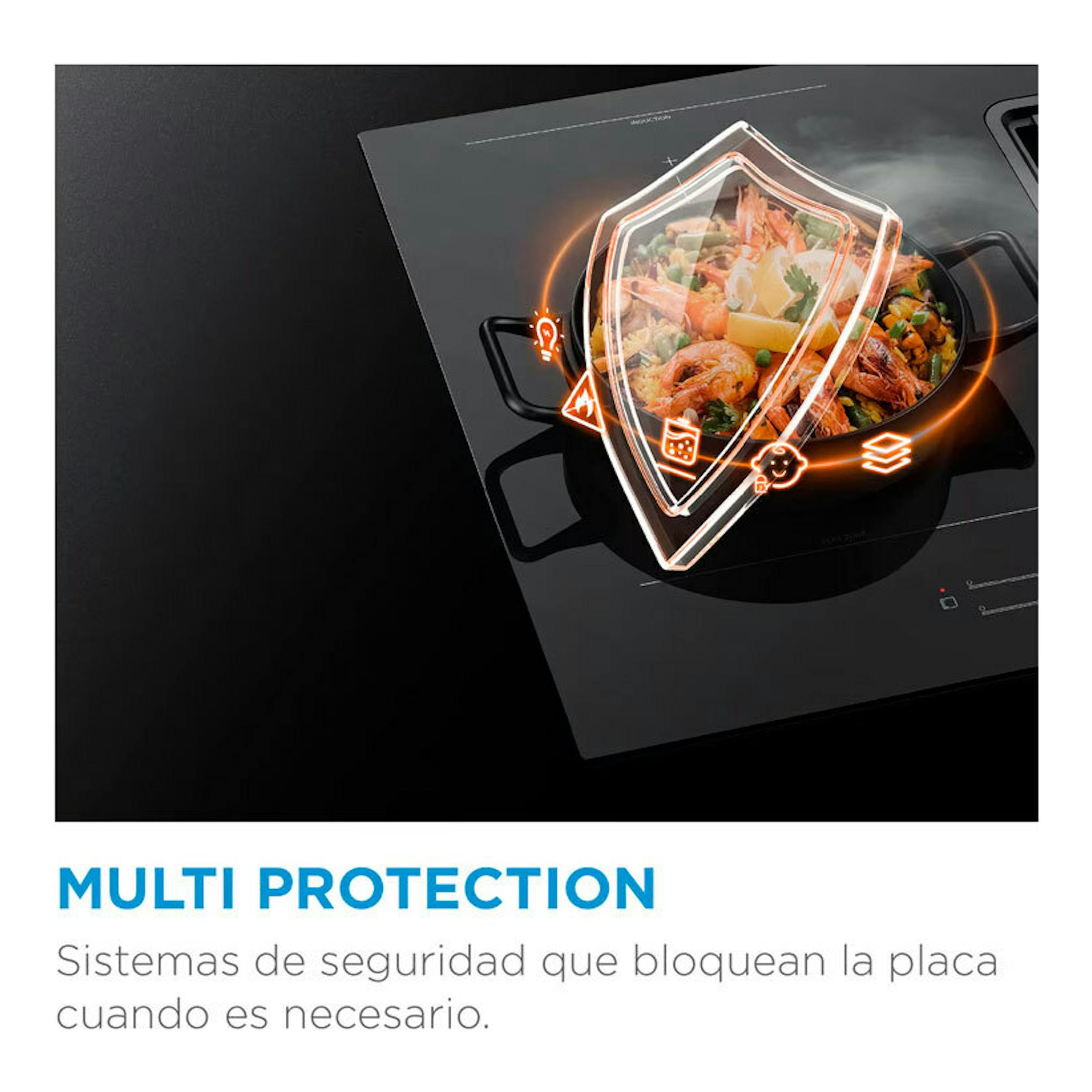 Placa de inducción Midea MIH740T467K0, vista oblicua, negra, con olla y gráficos de seguridad.
