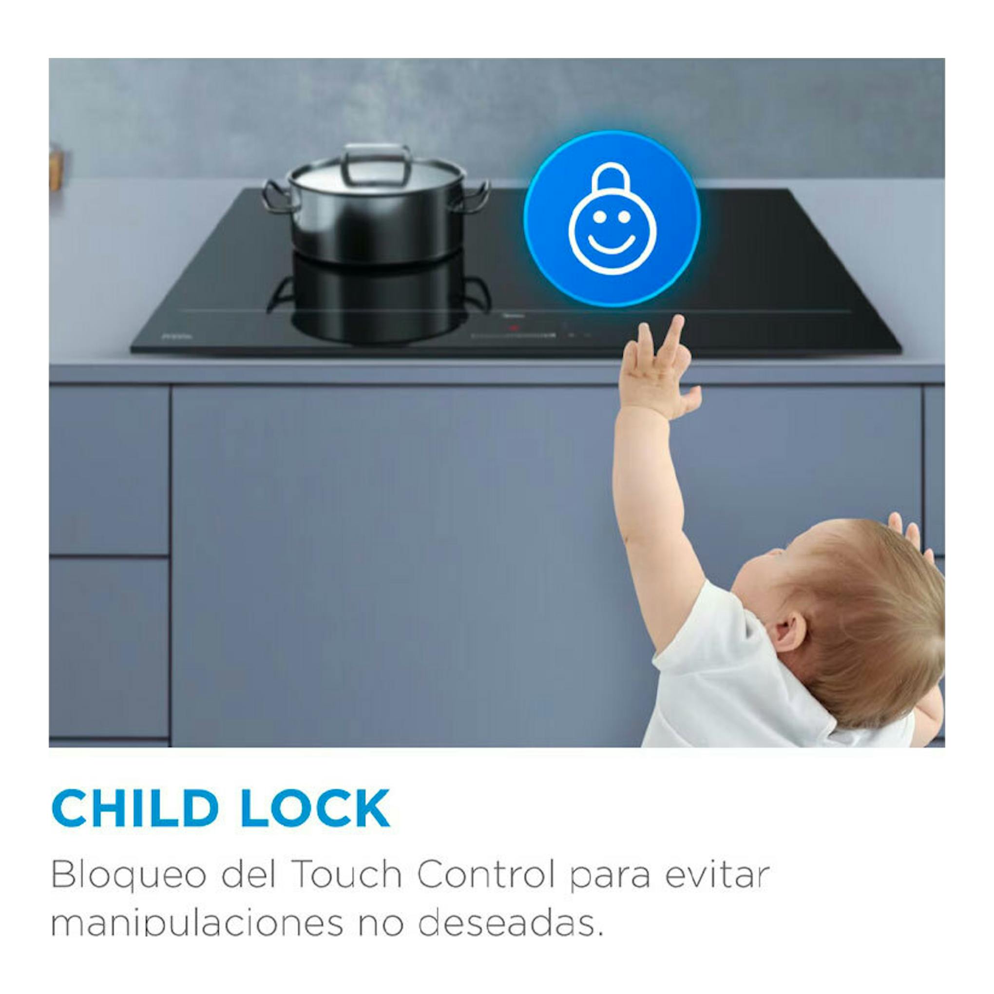 Midea MIH740T467K0: placa de inducción negra con olla, vista frontal, con icono de bloqueo infantil.