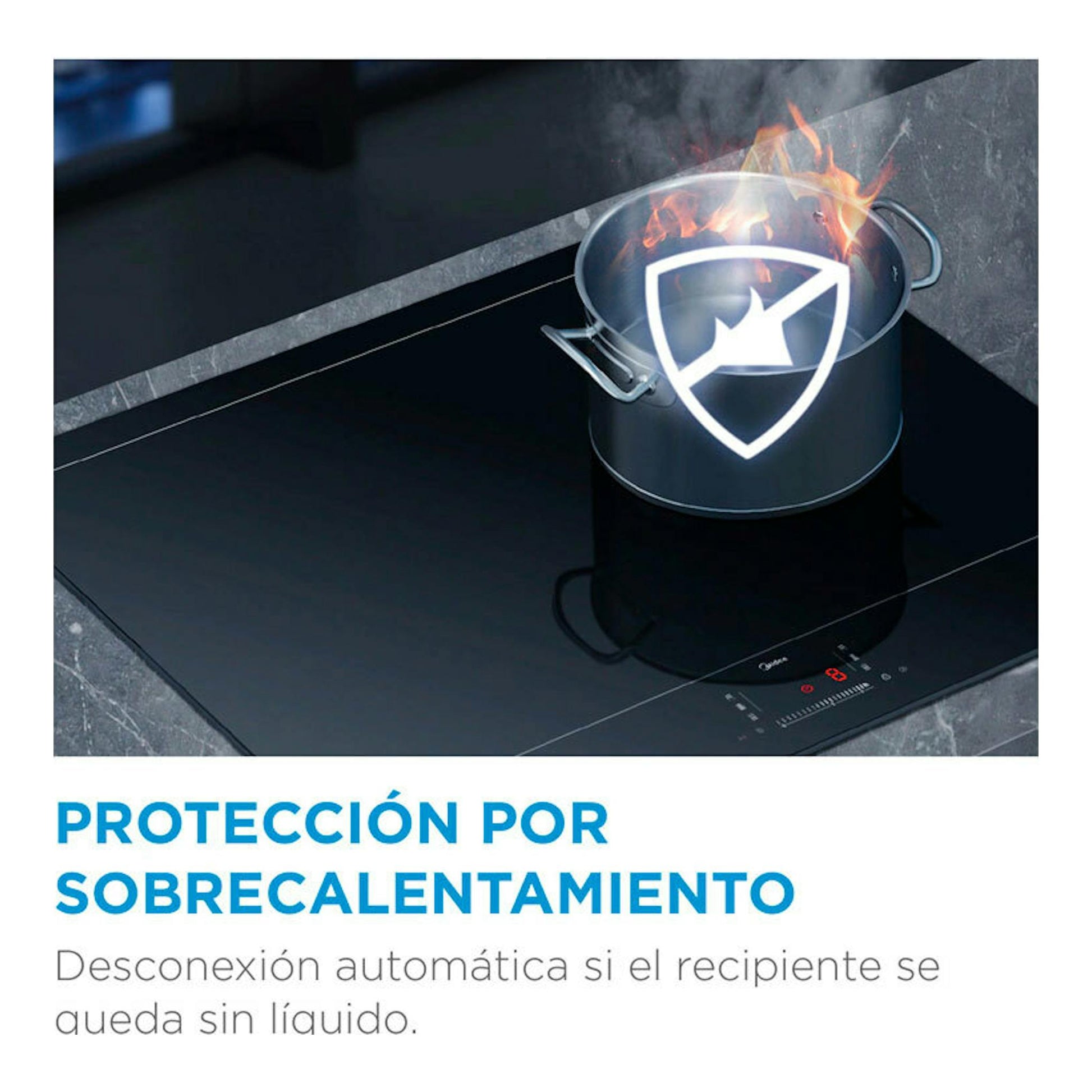 Placa de inducción Midea MIH740T467K0 negra, vista en ángulo, con una olla y símbolo de protección.