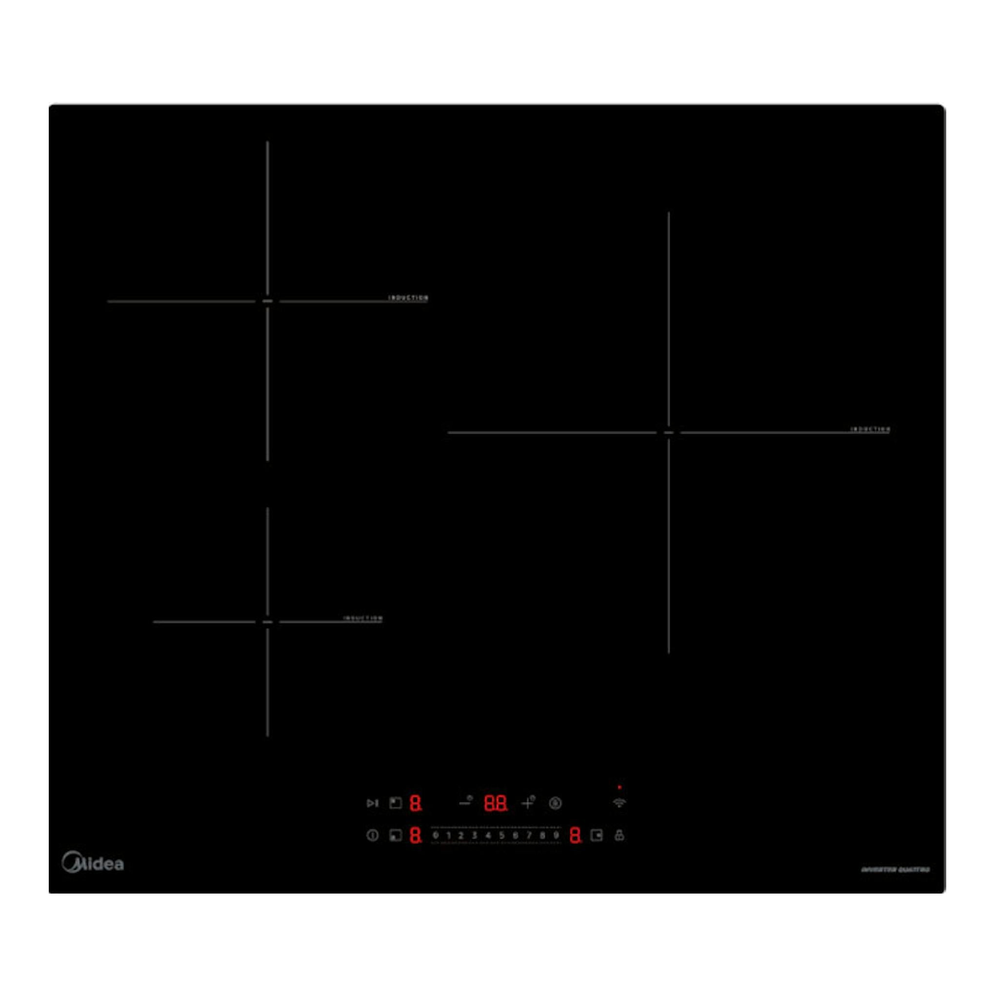 Placa de inducción Midea MIH743E325GK negra, vista superior, con cuatro zonas y panel táctil.