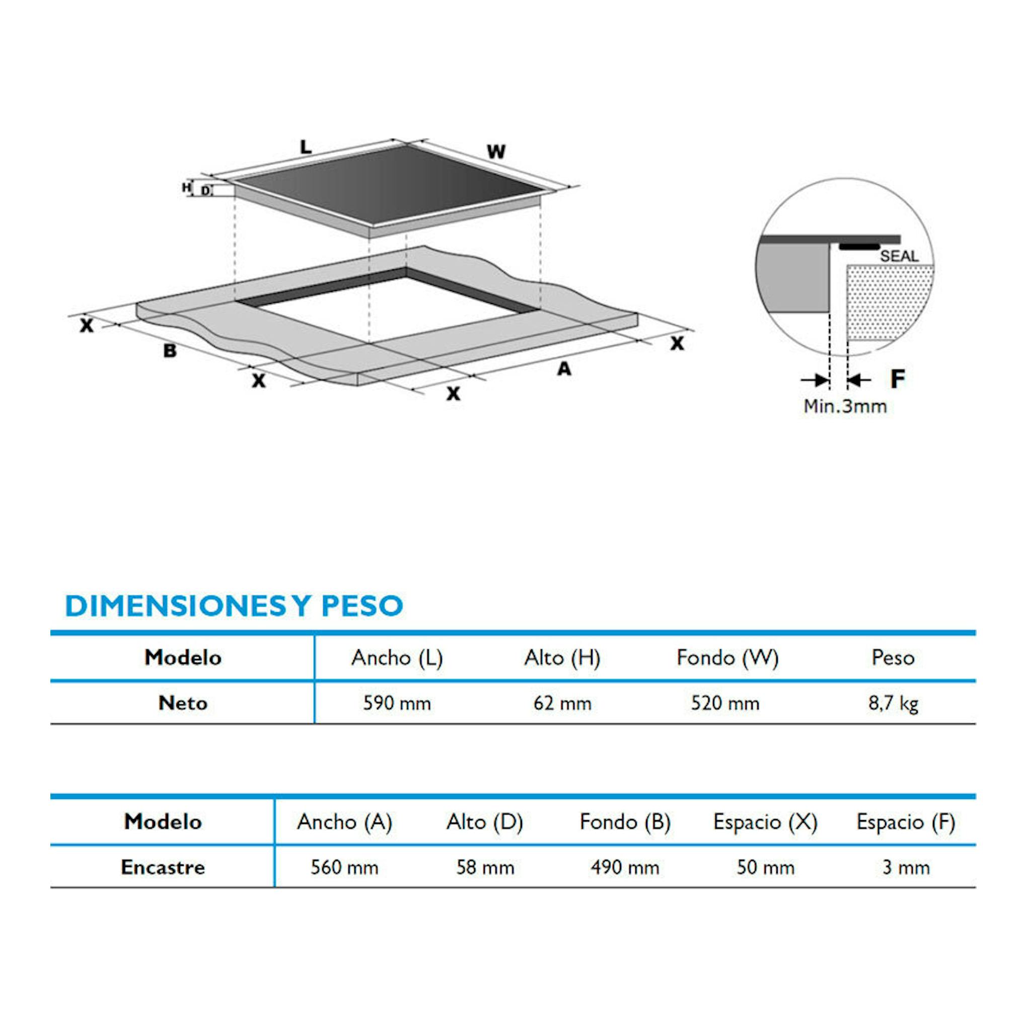 Midea MIH743E325GK, esquema técnico de placa de inducción 60 cm con medidas de encastre en mm.