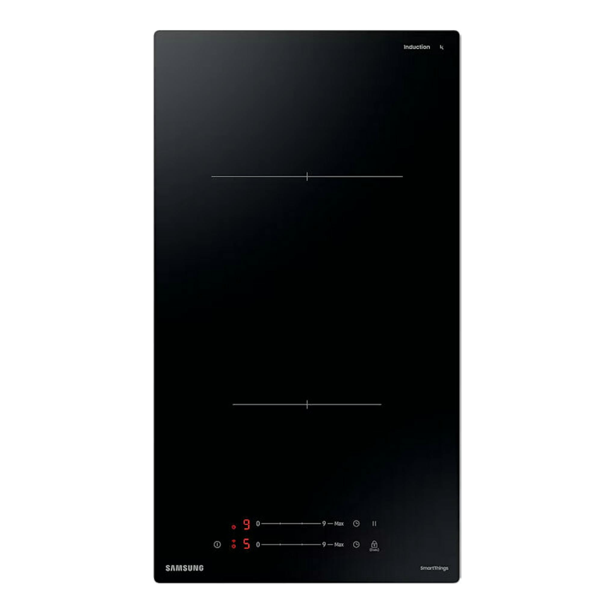 Samsung NZ32BG2005FKU1, placa de inducción negra de 29 cm, vista frontal, con dos zonas y controles táctiles.