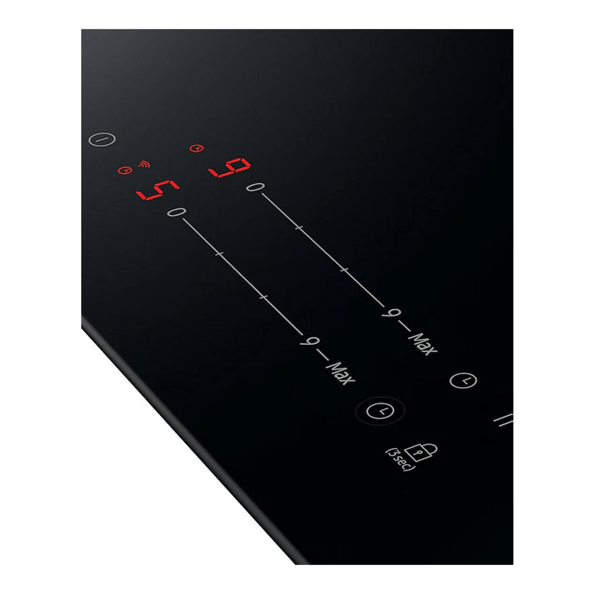 Placa de inducción Samsung NZ32BG2005FKU1 negra, vista en ángulo, con controles táctiles y dígitos rojos.