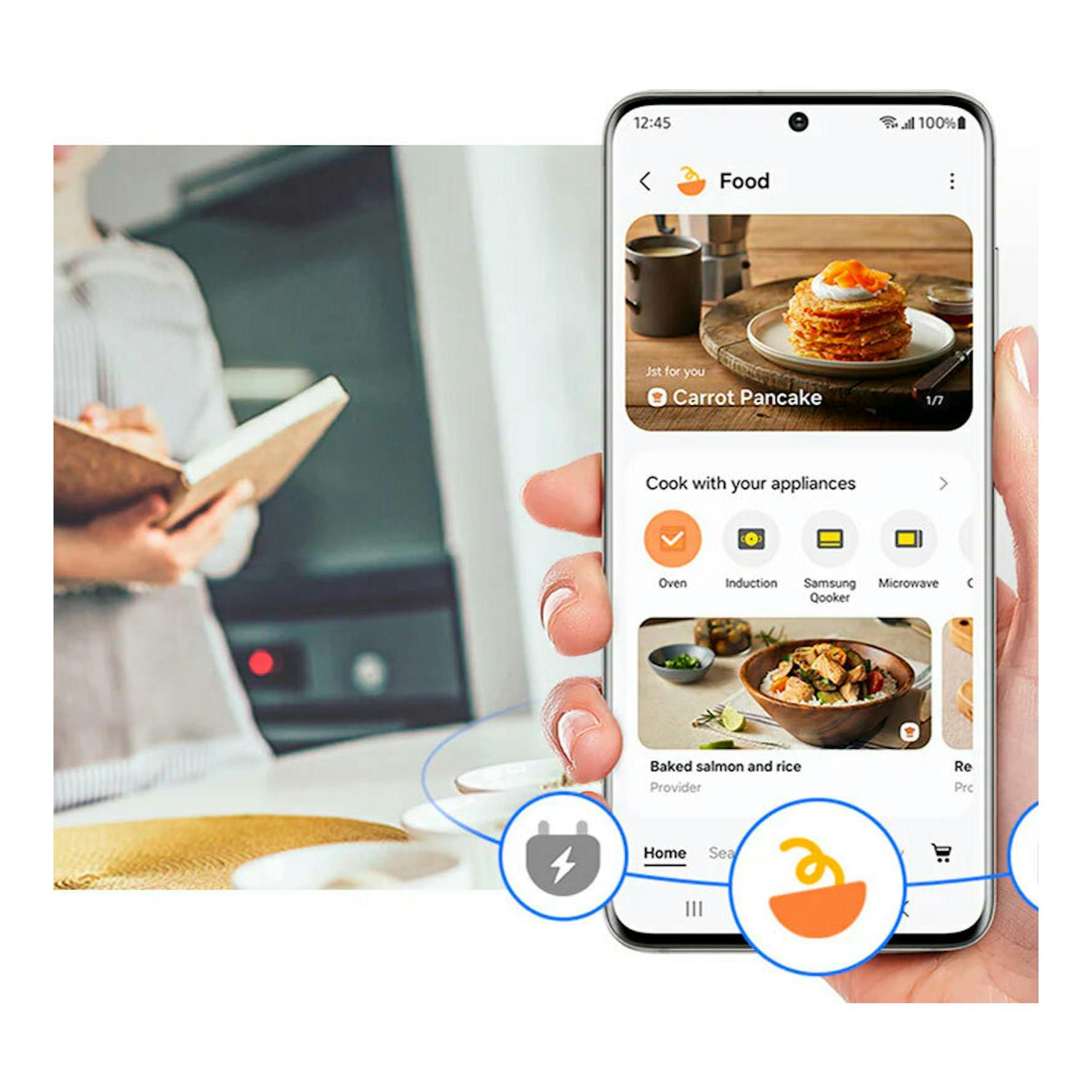 Primer plano de un móvil Samsung en vertical con la app Food; cocina desenfocada al fondo.