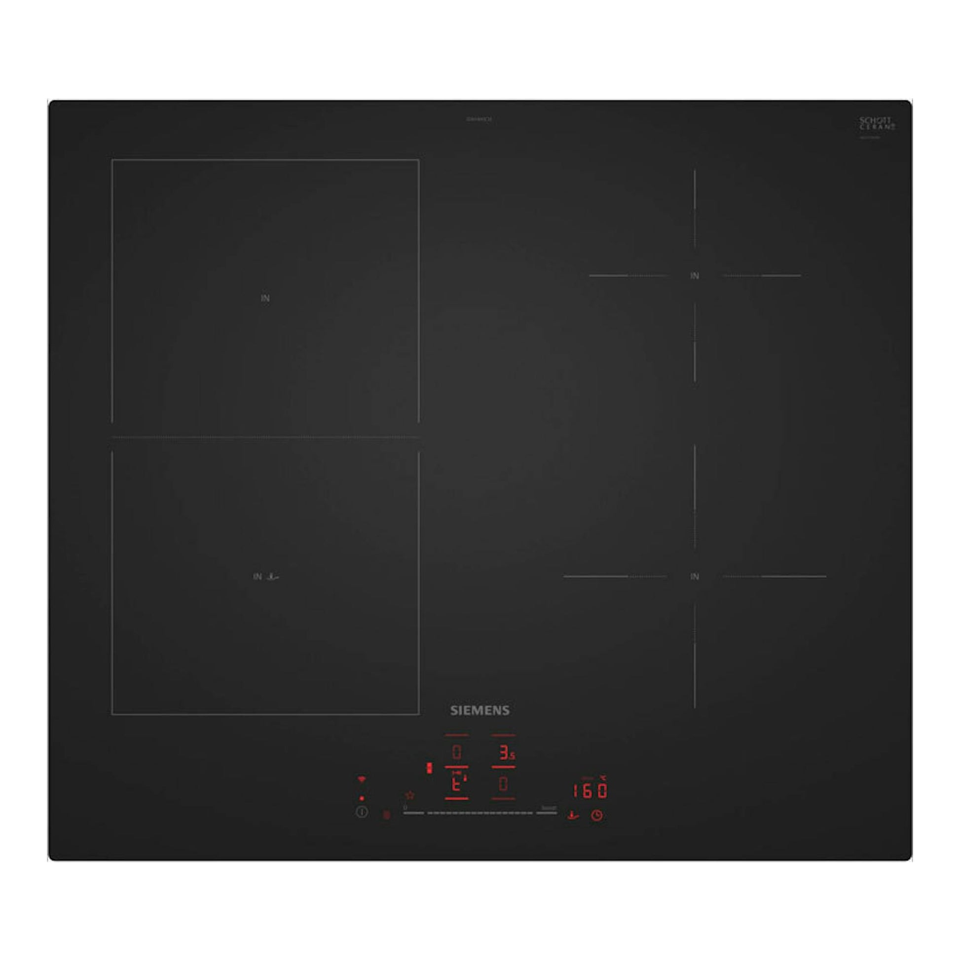 Placa de inducción Siemens ED61AHSC1E negra, vista superior, con mandos táctiles y zonas de cocción marcadas.