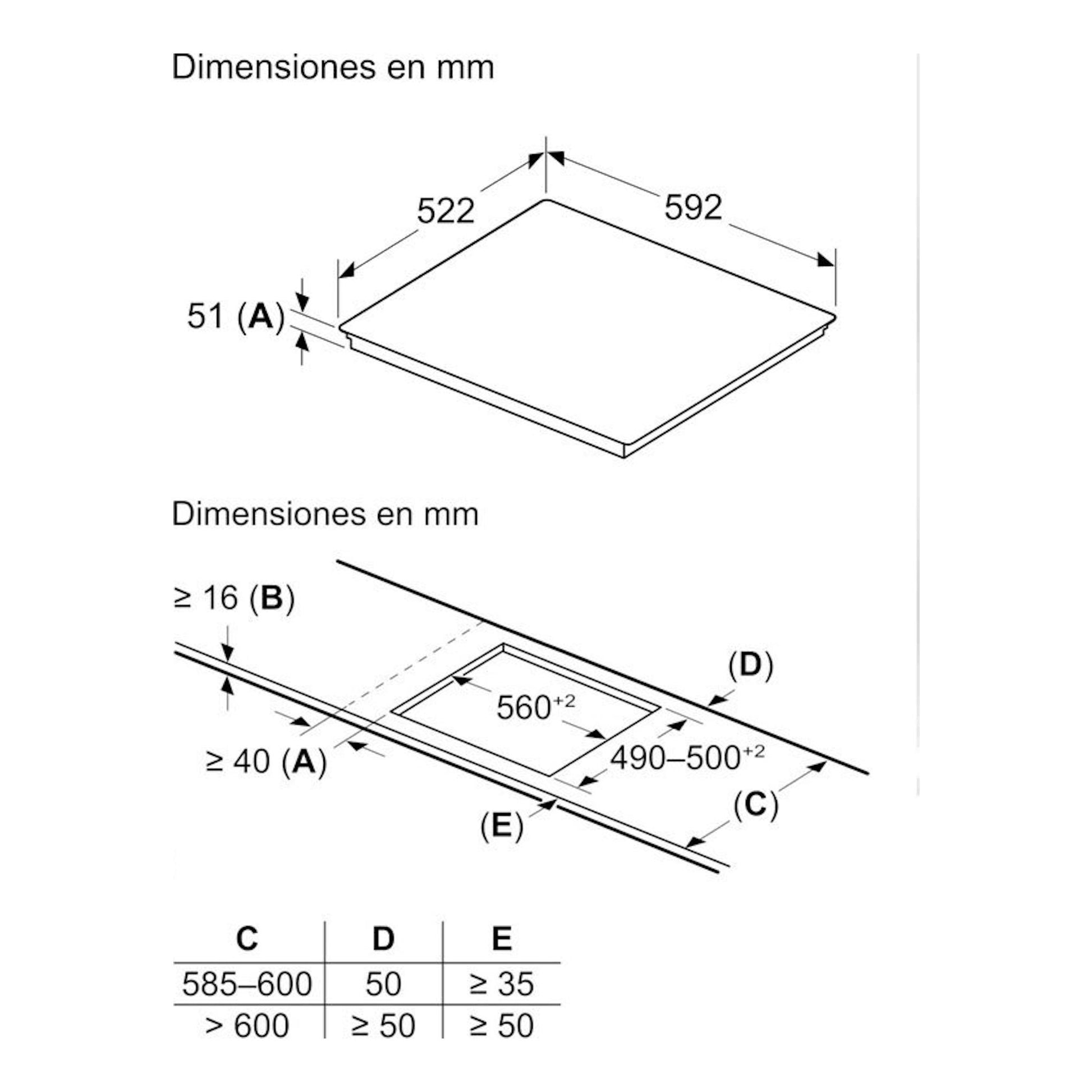 Esquema técnico de la placa de inducción Siemens ED61AHSC1E, con medidas en mm y hueco de encastre.