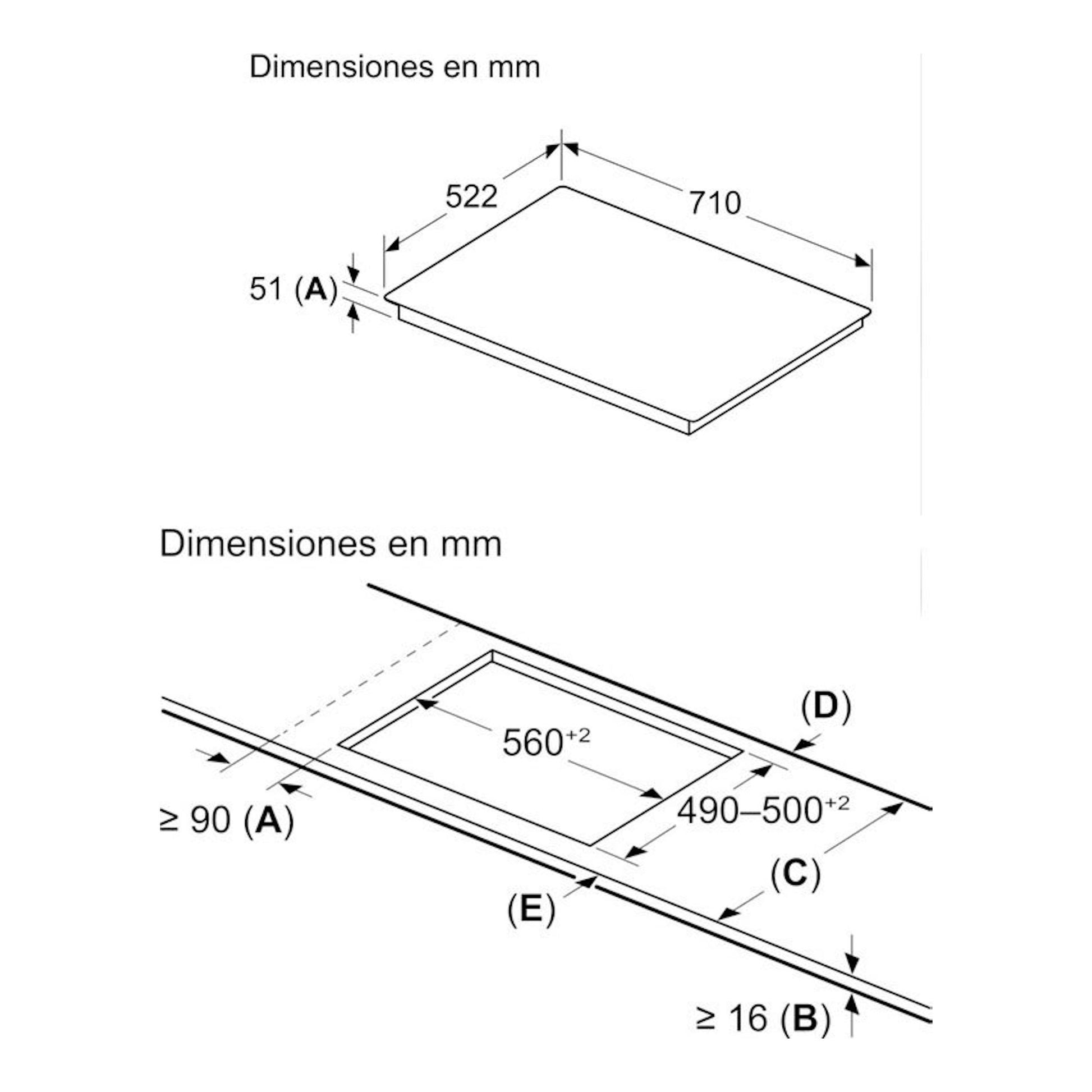 Diagrama de dimensiones de la placa de inducción Siemens ED751HSC1E: 710x522 mm, hueco 560x490-500 mm.