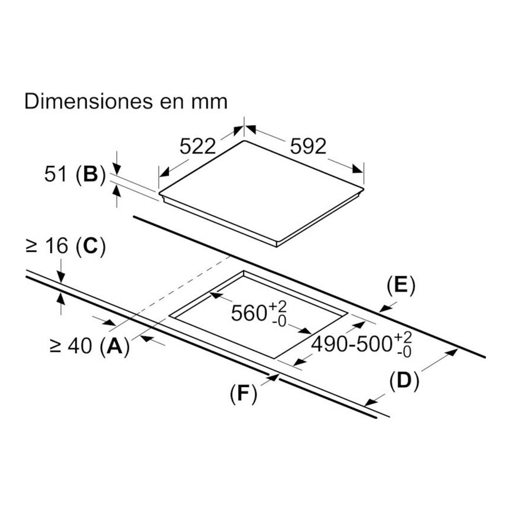 Diagrama técnico en mm de la placa de inducción Siemens EH631BEB6E, vista superior, con medidas de instalación.