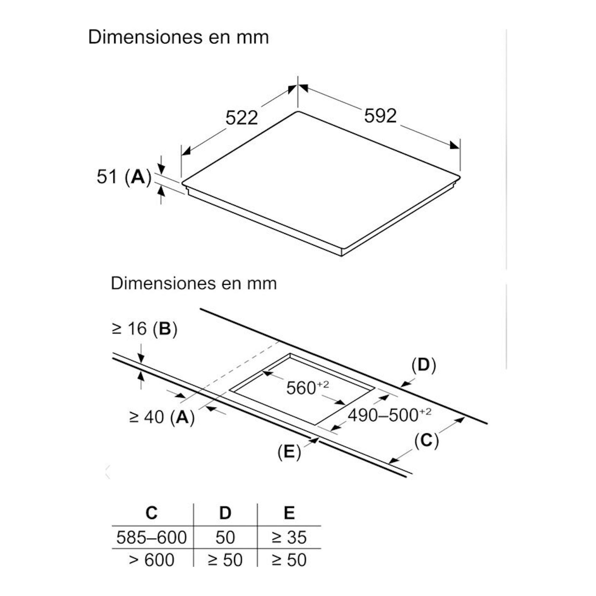 Diagrama de dimensiones de la placa de inducción Siemens EH631HEB1E, vista superior e instalación en mm
