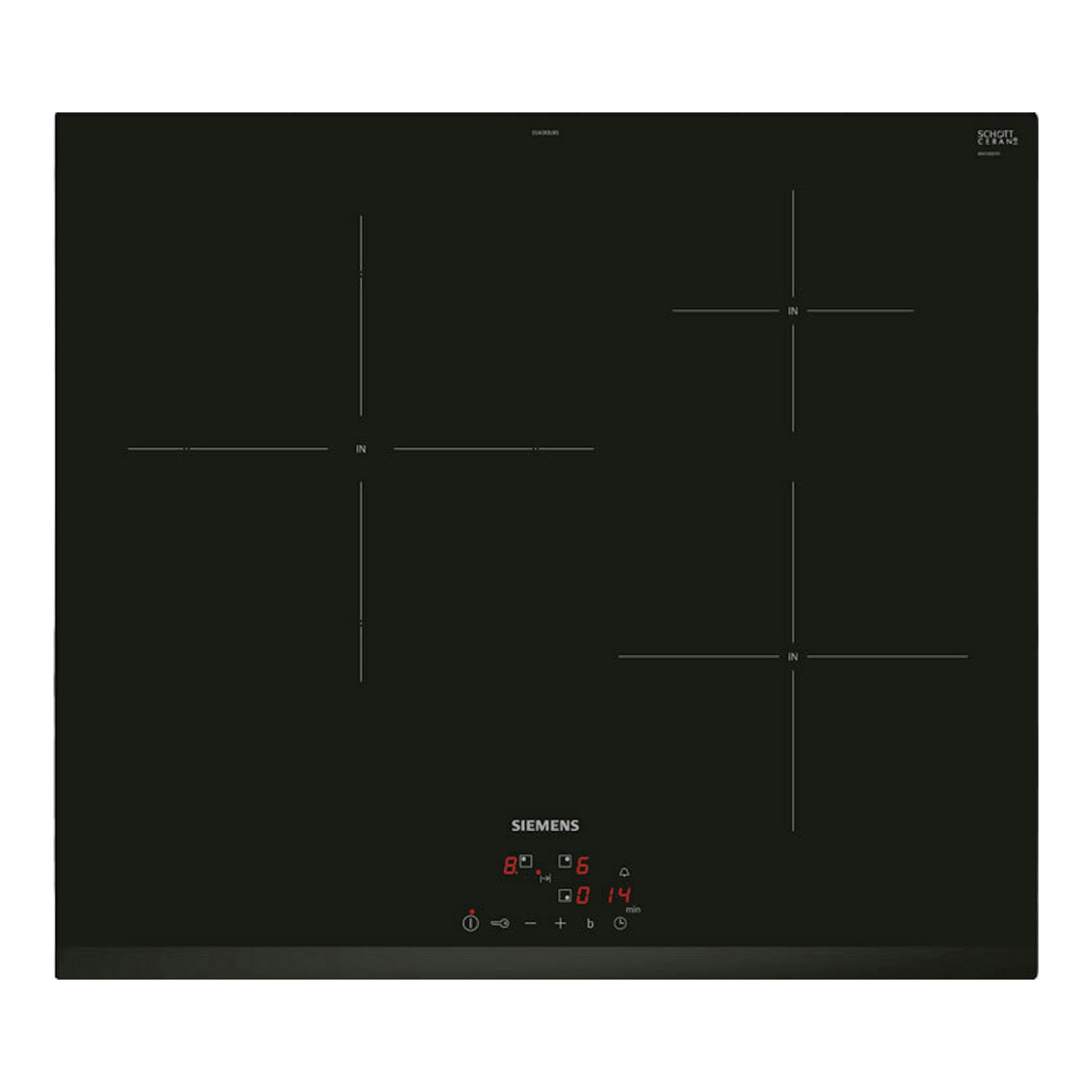 Placa de inducción Siemens EU63KBJB5E negra, vista superior, con cuatro zonas y panel táctil inferior.