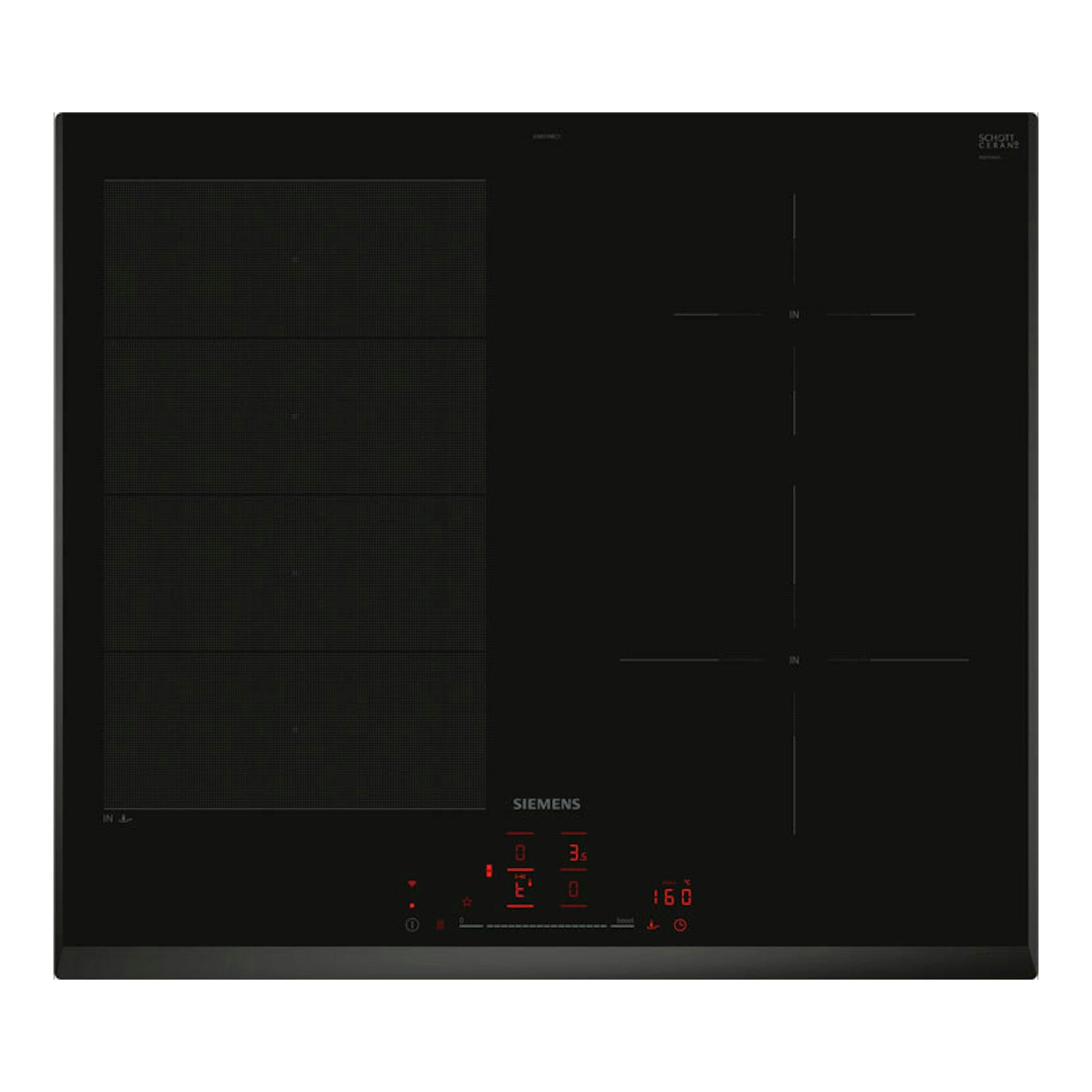 Placa de inducción Siemens EX651HEC1E negra, vista frontal superior, con panel táctil iluminado.