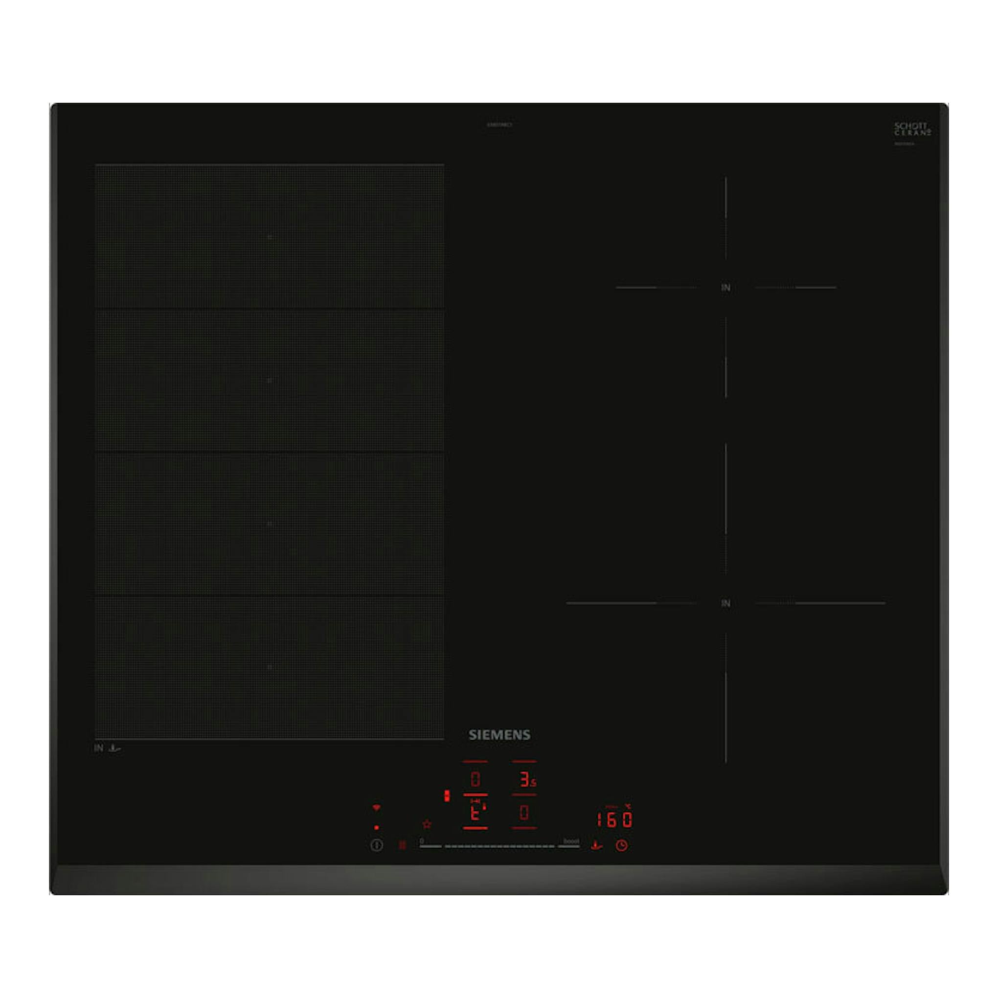 Placa de inducción Siemens EX651HEC1E negra, vista frontal superior, con panel táctil iluminado.