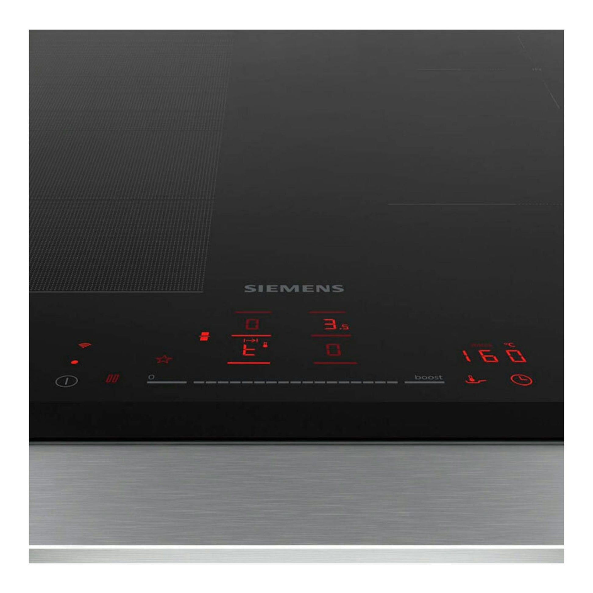 Placa de inducción Siemens EX651HEC1E negra, vista frontal con panel táctil rojo iluminado.