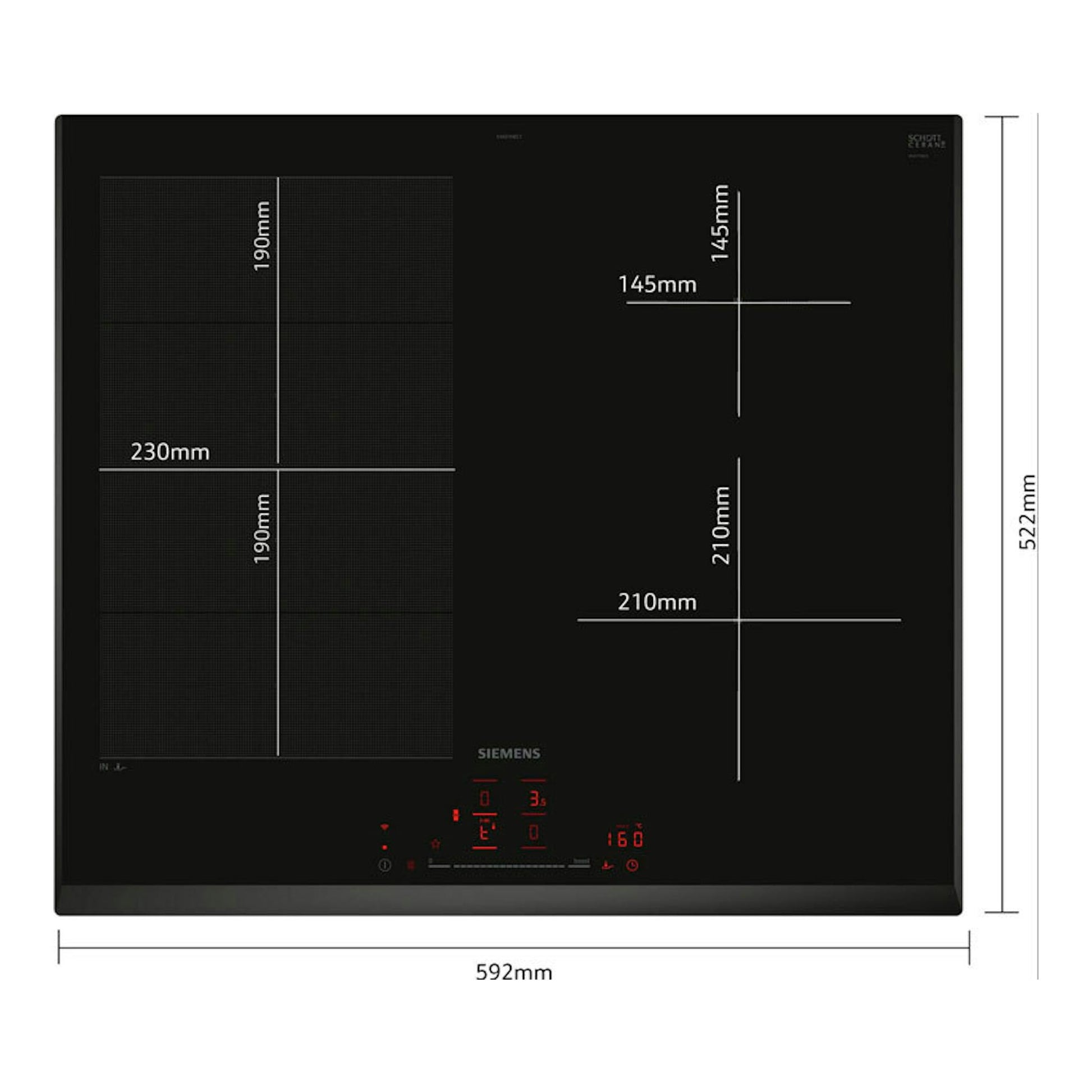 Placa de inducción Siemens EX651HEC1E negra, vista frontal, con zonas marcadas y medidas 592 x 522 mm