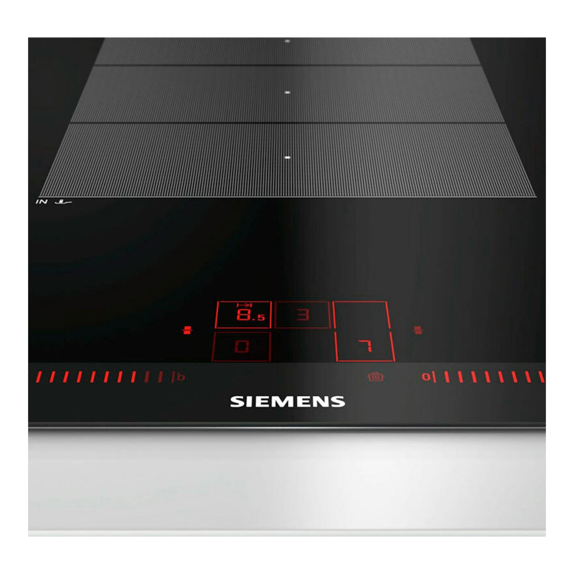 Placa de inducción Siemens EX975LXC1E negra, vista frontal en ángulo, con controles táctiles rojos.