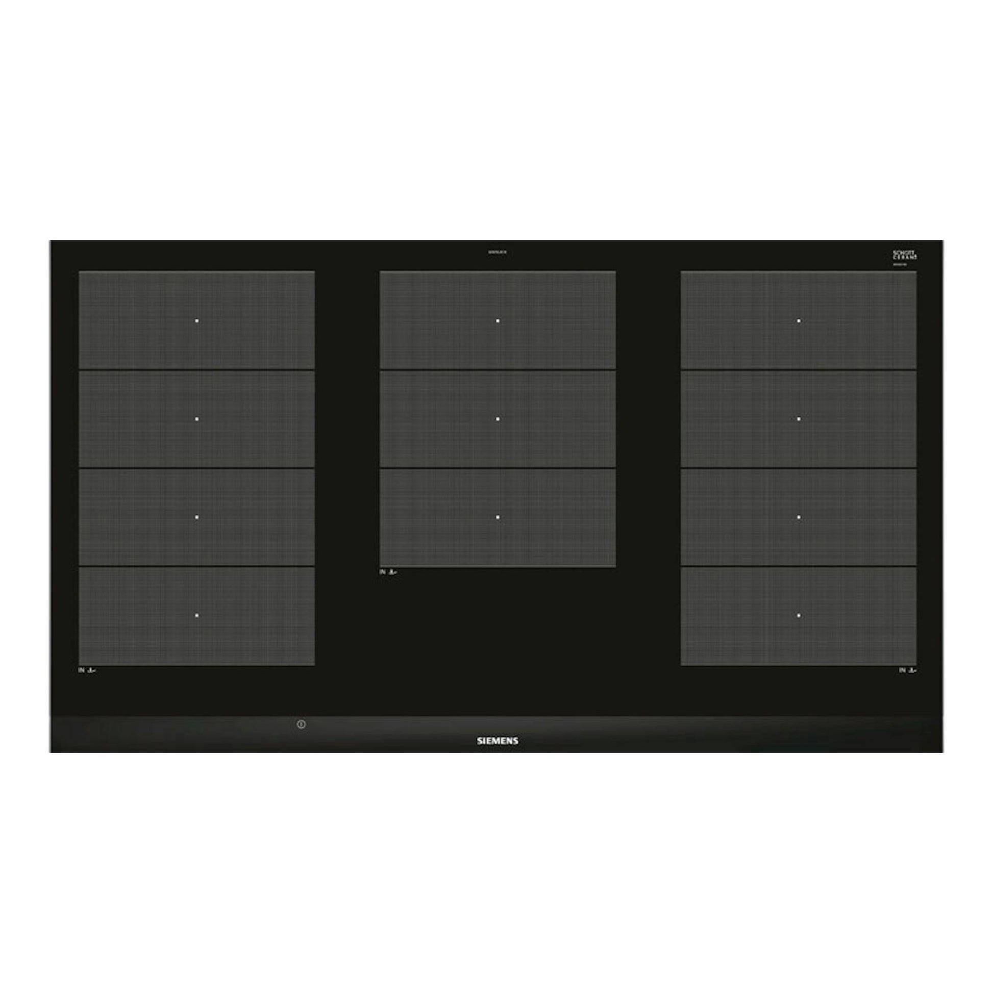 Placa de inducción Siemens EX975LXC1E negra, vista frontal, con tres zonas rectangulares de cocción.