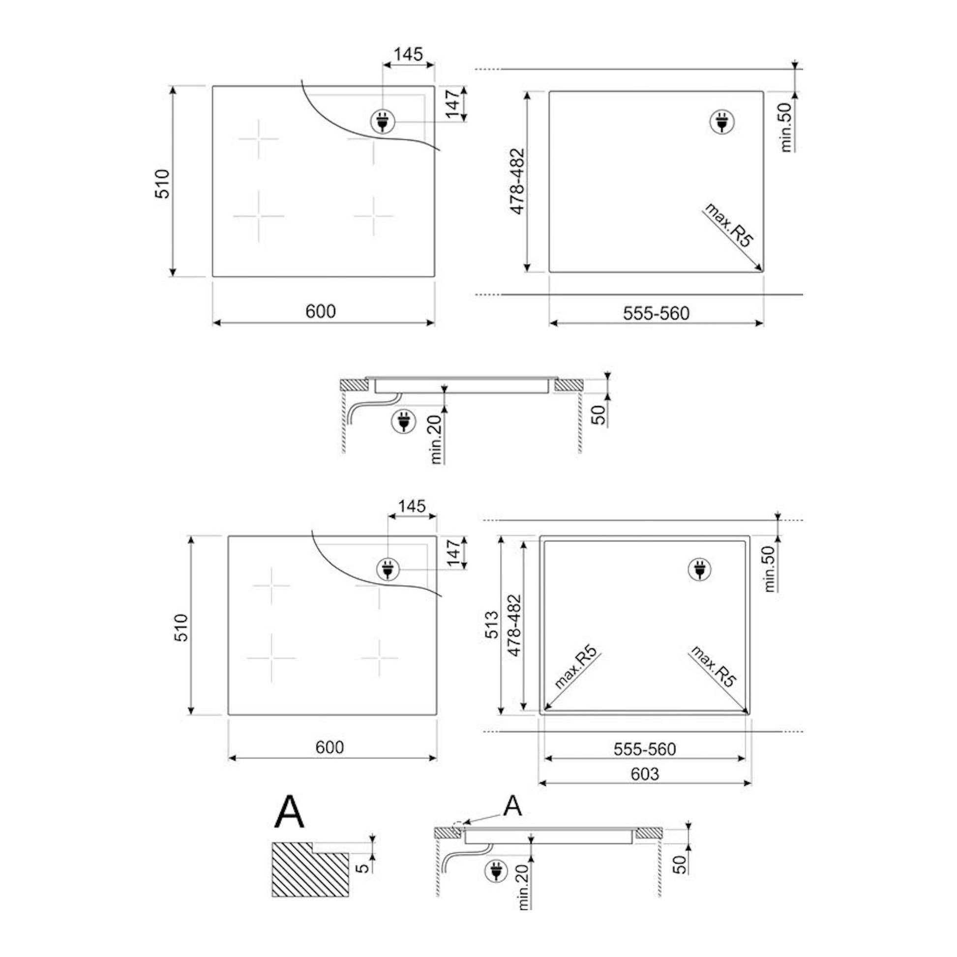 Esquema técnico de instalación de placa de inducción Smeg SI1M4634D 60 cm, con vistas superior y lateral.