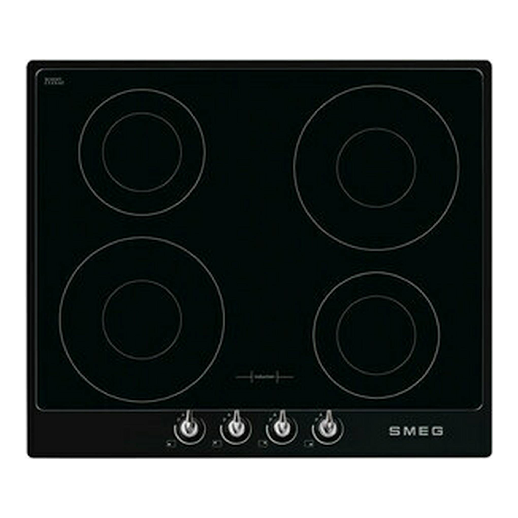 Placa de inducción Smeg SI964NM negra, vista frontal, con cuatro zonas de cocción y cuatro mandos.