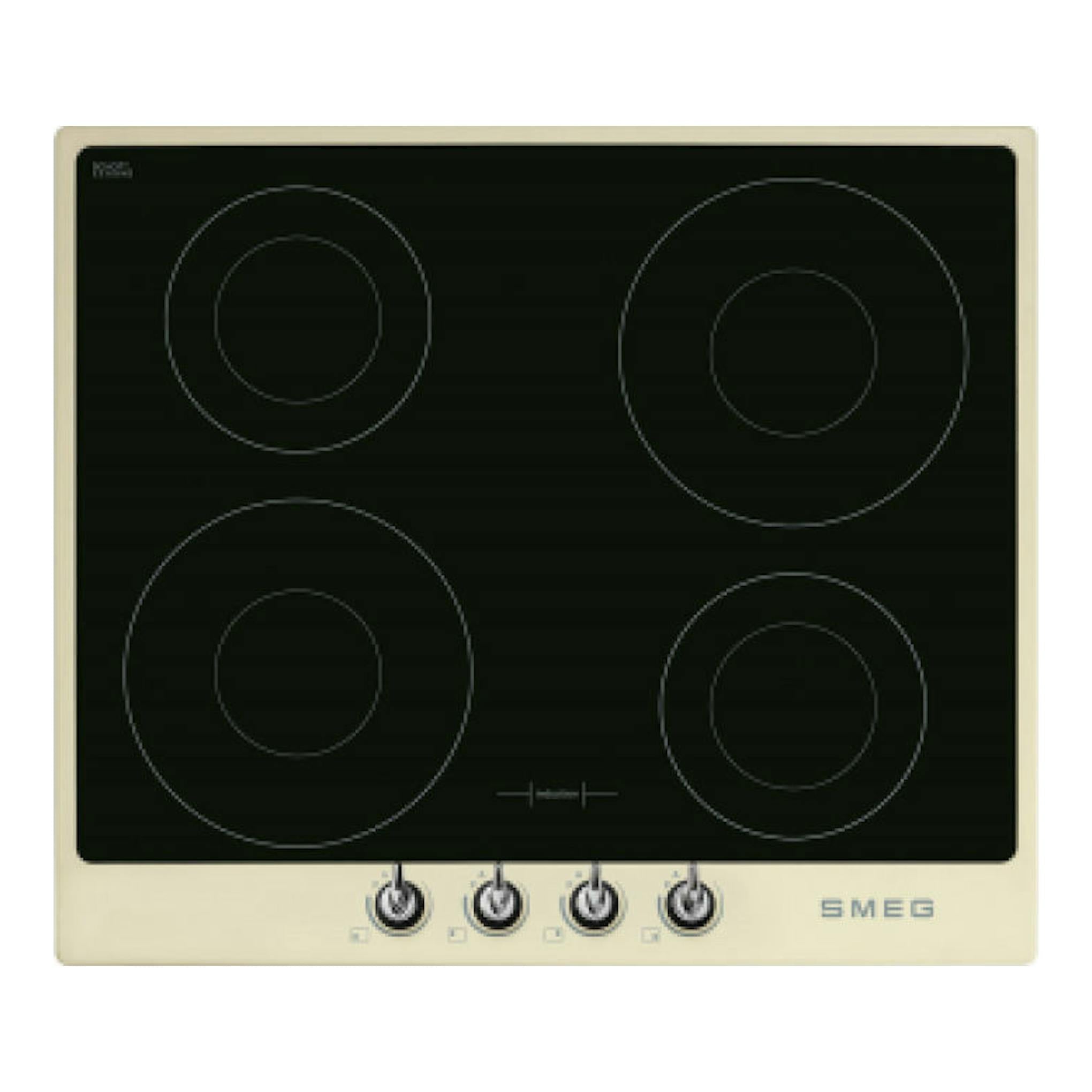 Placa de inducción Smeg SI964PM, vista frontal, cristal negro con marco beige y cuatro zonas circulares.