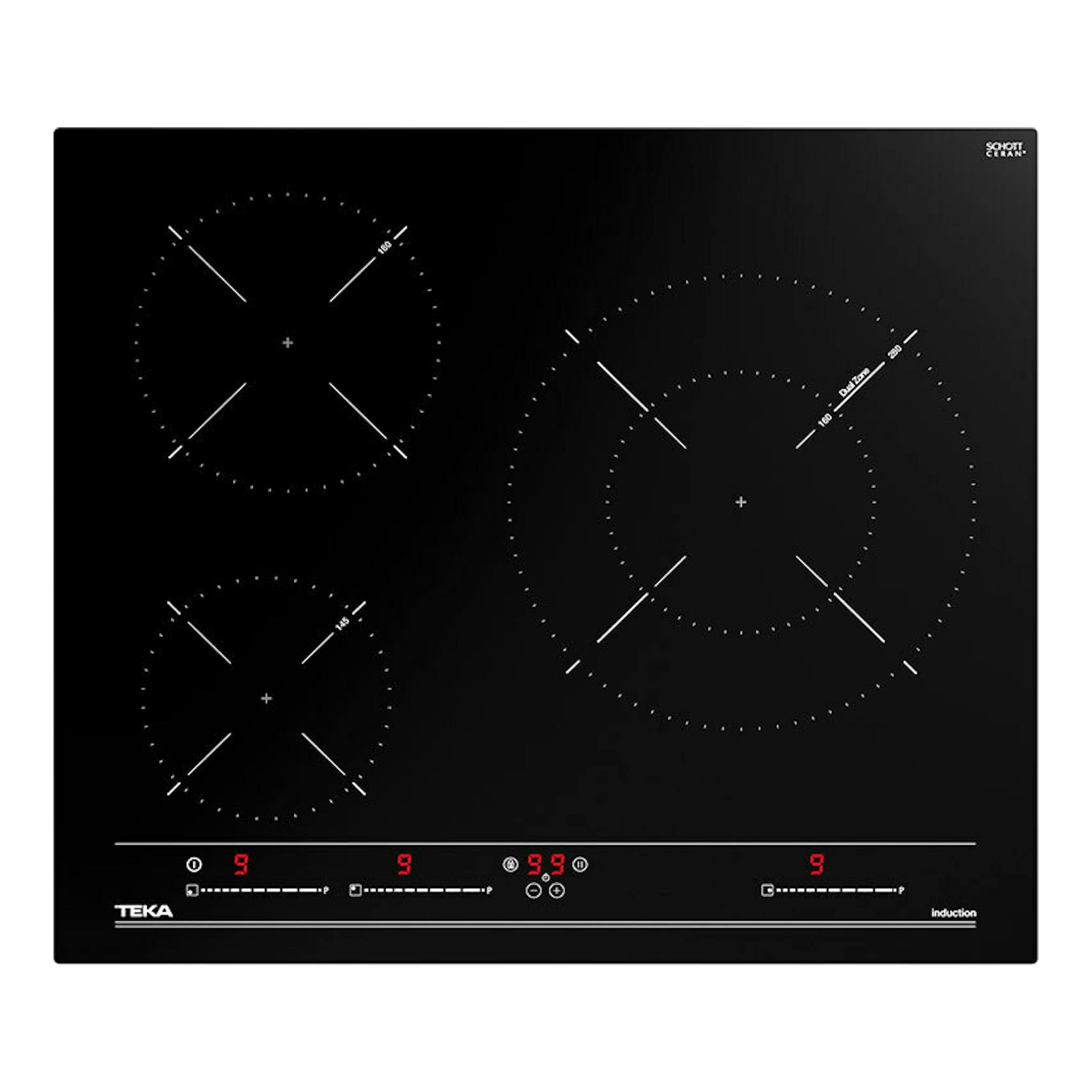 Placa de inducción Teka negra, vista frontal, de 60 cm, con tres zonas de cocción y panel táctil digital.