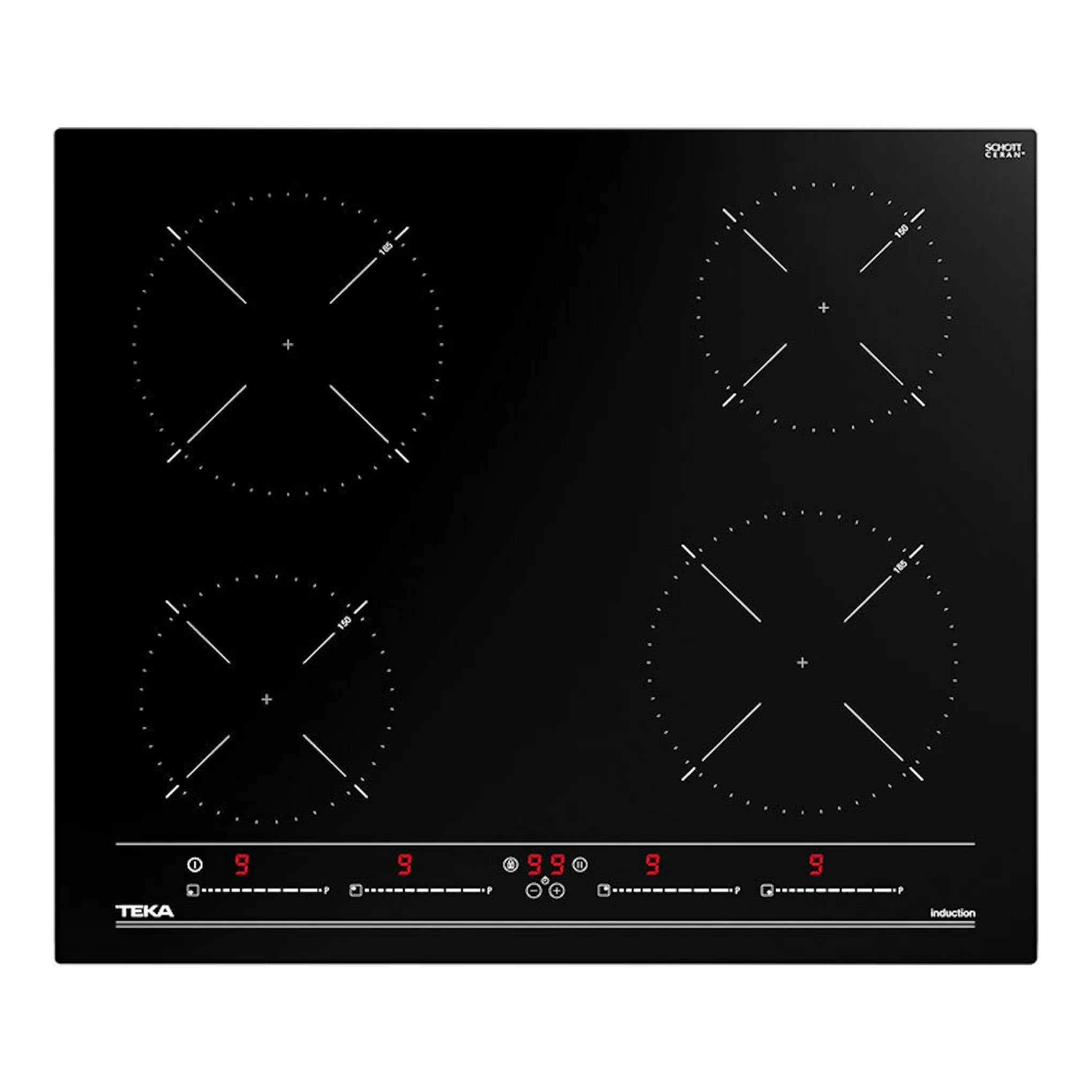 Placa de inducción Teka IBC 64010 MSS negra, vista frontal, con cuatro zonas y panel táctil.
