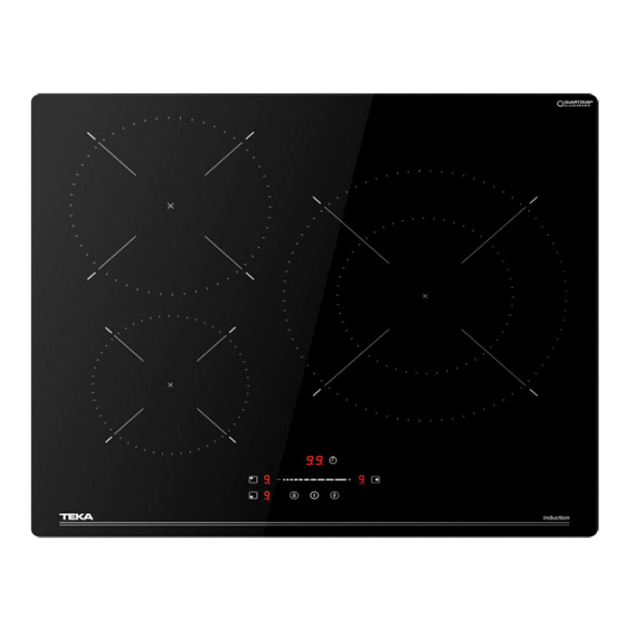 Placa de inducción Teka IBC63110SSMBK negra, vista frontal, con cuatro zonas de cocción y controles táctiles.