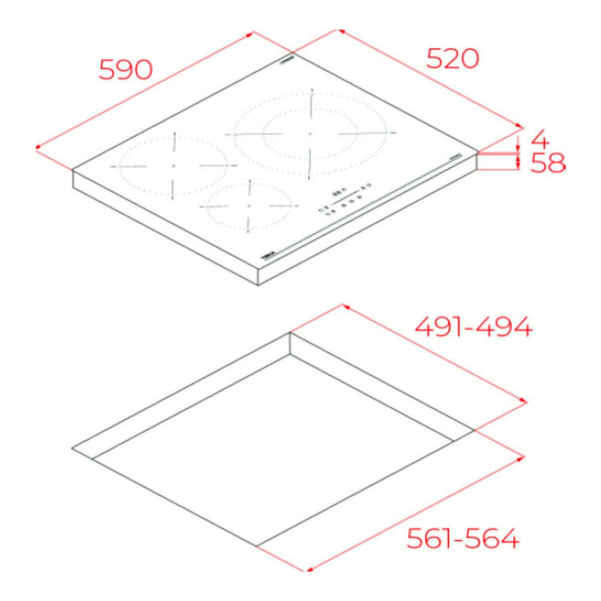 Placa de inducción Teka IBC63110SSMBK, vista isométrica con medidas y hueco de encastre en blanco.