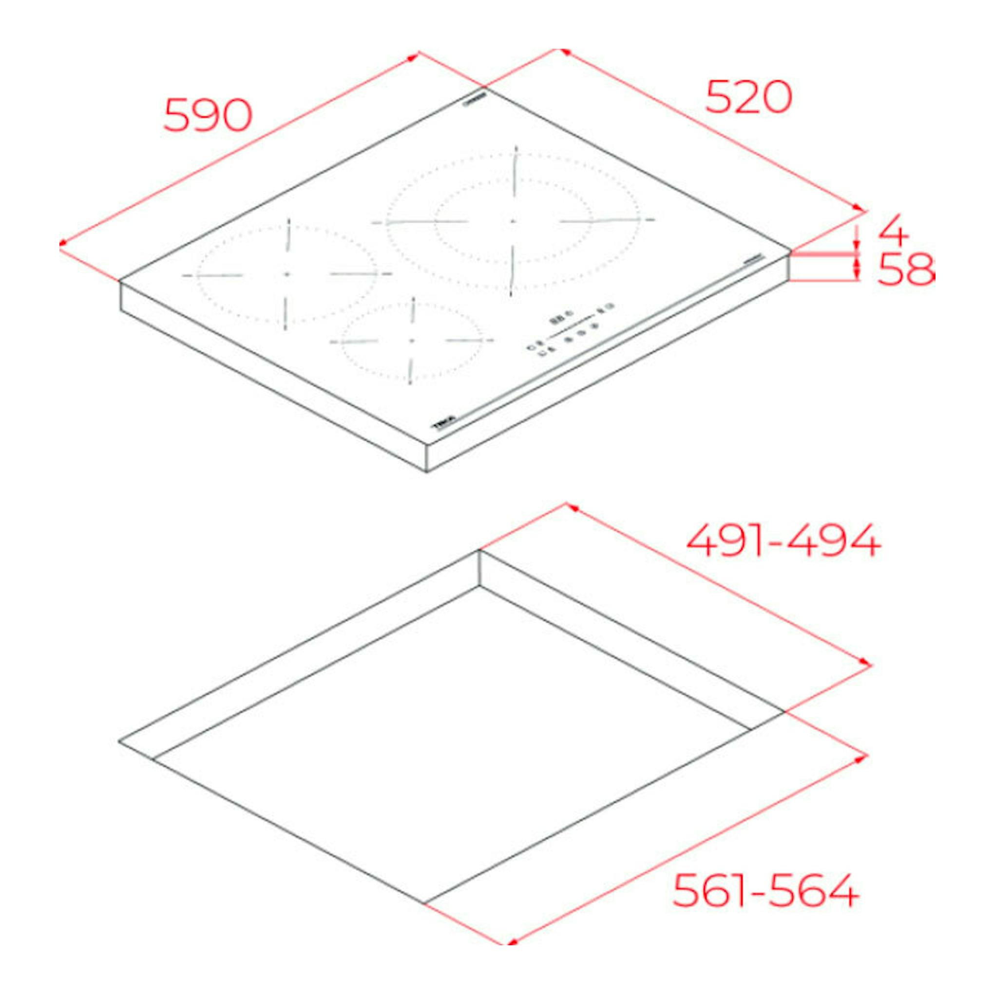 Placa de inducción Teka IBC63110SSMBK, vista isométrica con medidas y hueco de encastre en blanco.
