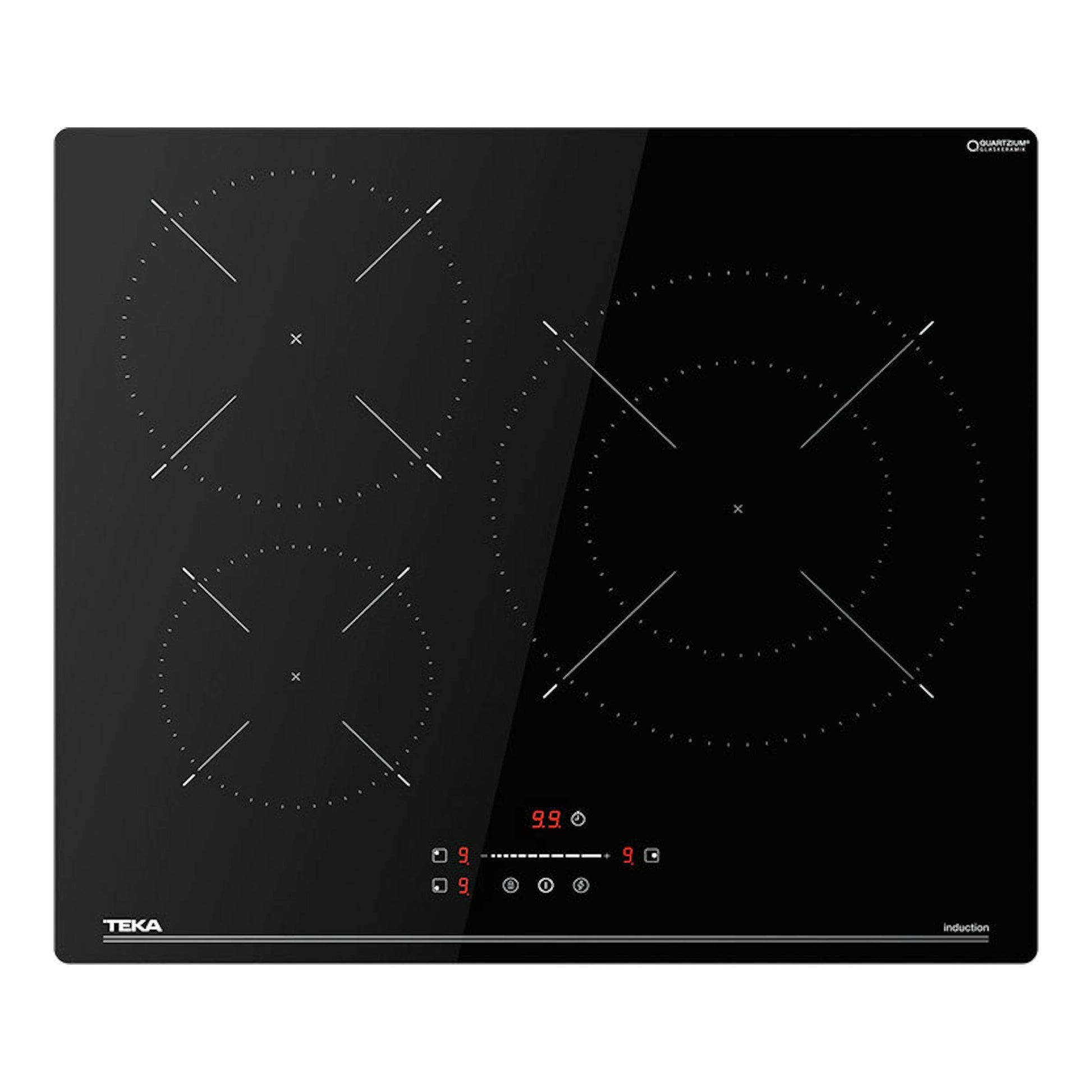 Placa de inducción Teka IBC63BF110 negra, vista frontal, con 4 zonas y controles táctiles.