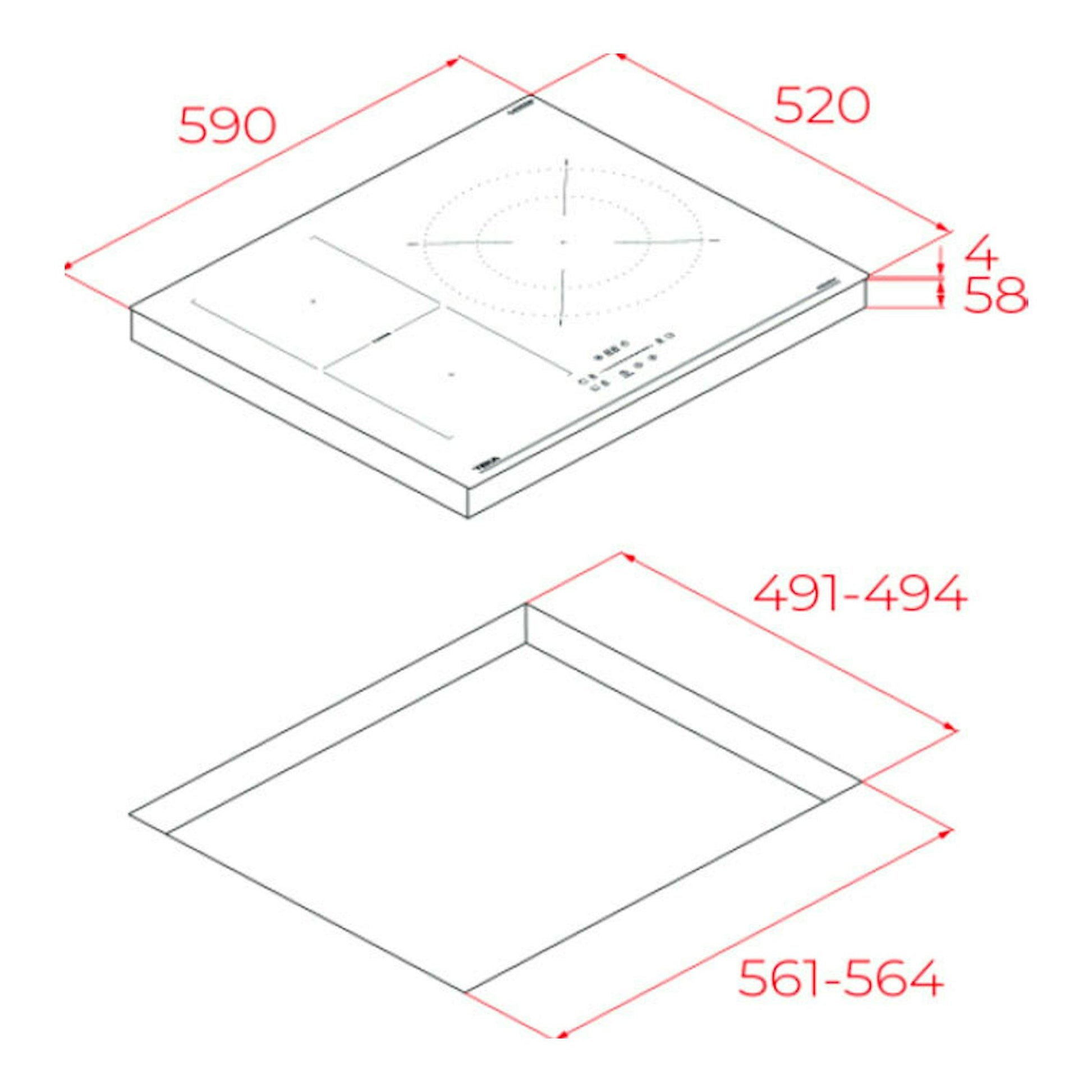 Placa de inducción Teka IBF 63210 SSM BK en vista isométrica, con medidas y hueco de encastre.