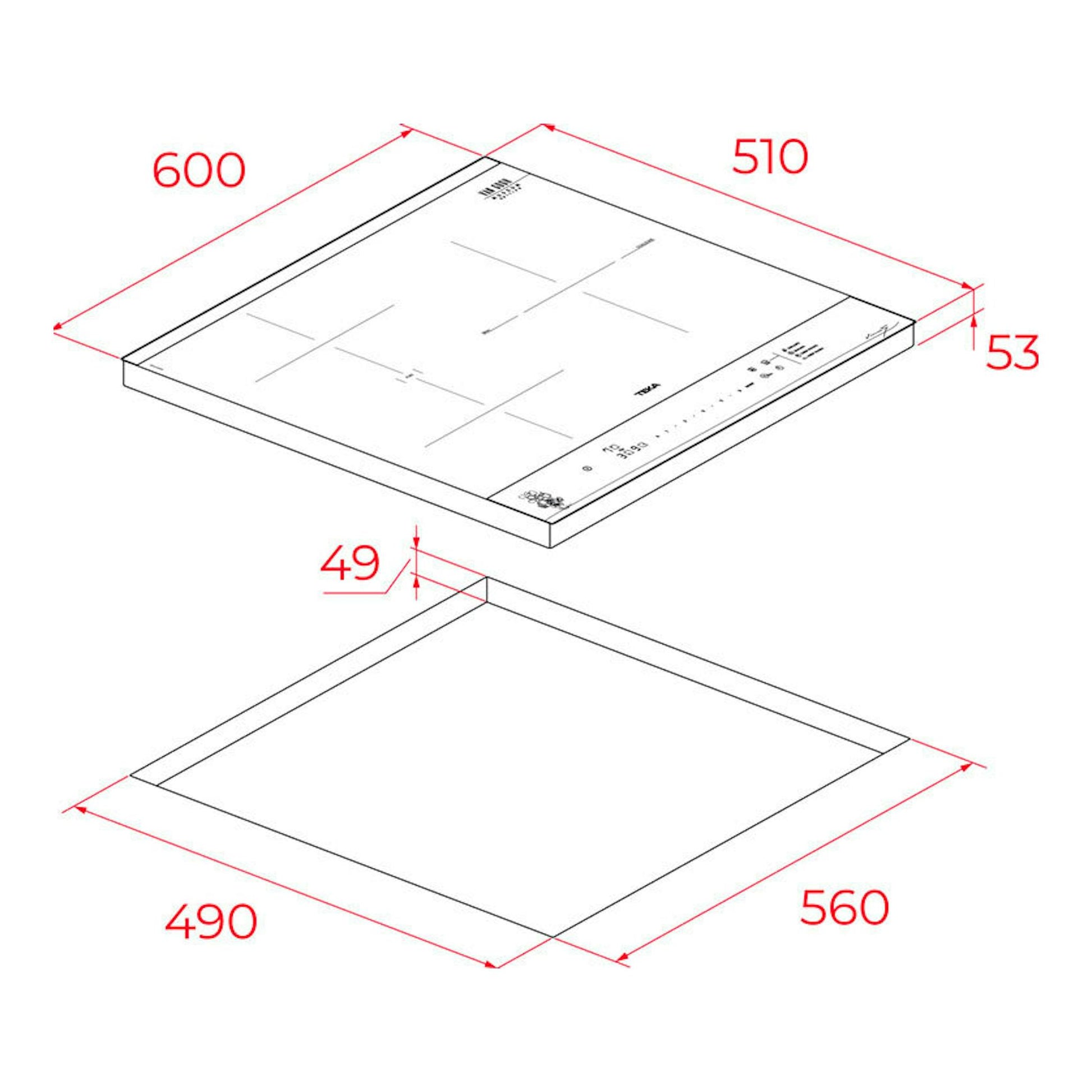 Placa de inducción Teka IBF63VGOGH en vista isométrica, con medidas y hueco de encastre en rojo.