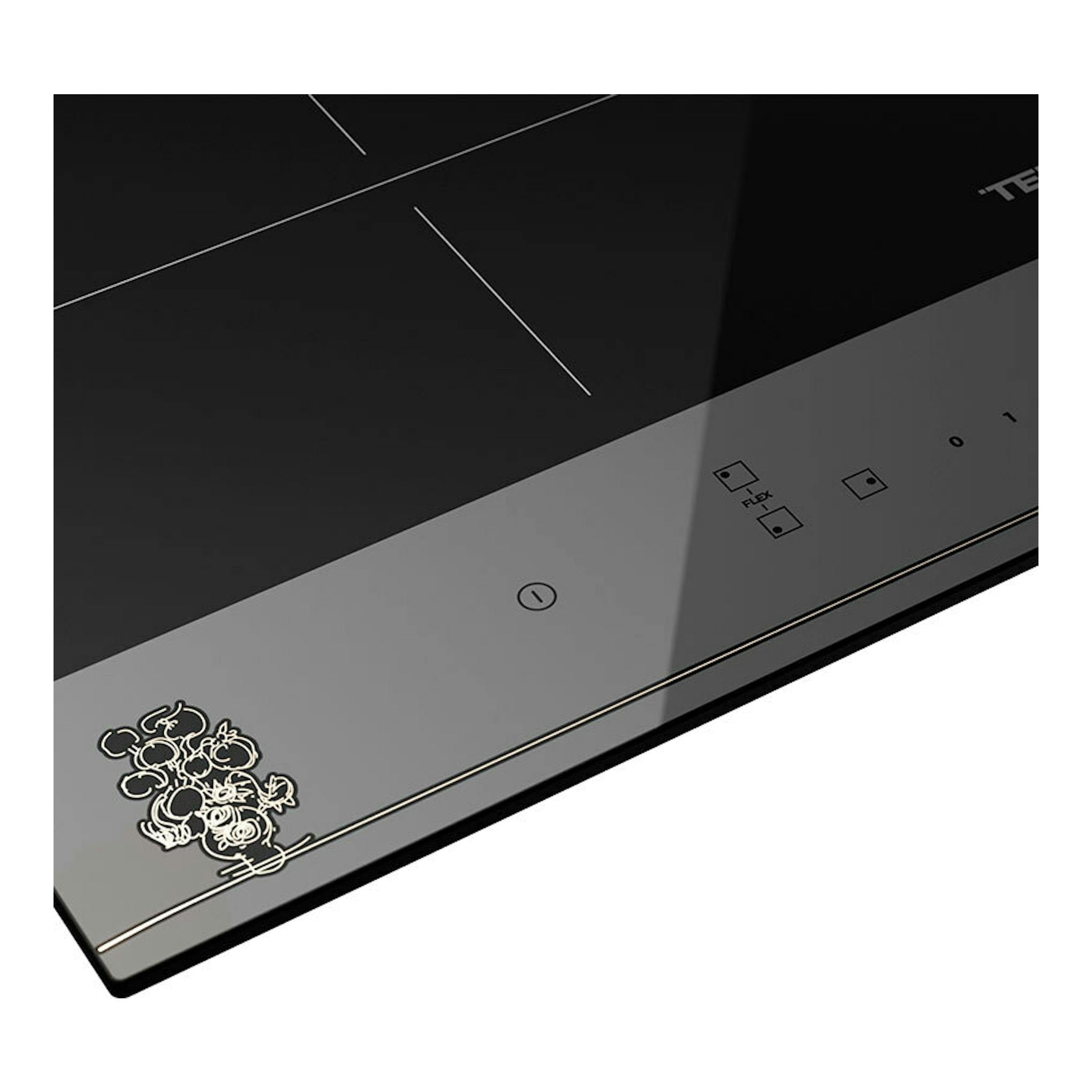 Placa de inducción Teka IBF63VGOGH negra, vista en ángulo con panel táctil y zonas marcadas.
