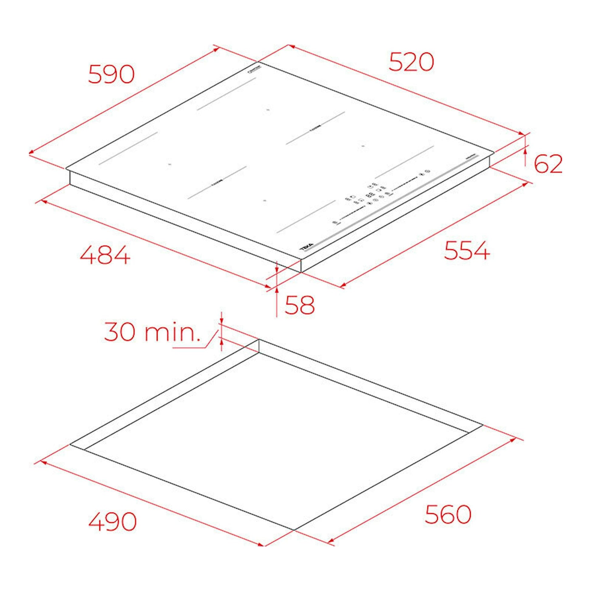 Teka IBF66100DSS: placa de inducción negra, vista en perspectiva con medidas y hueco de encastre.